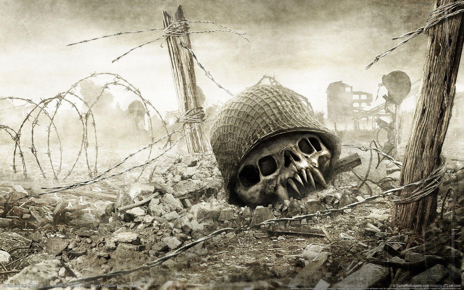 1920x1200 video games, Resistance: Fall of Man, Skull, Helmet, Barbed wire