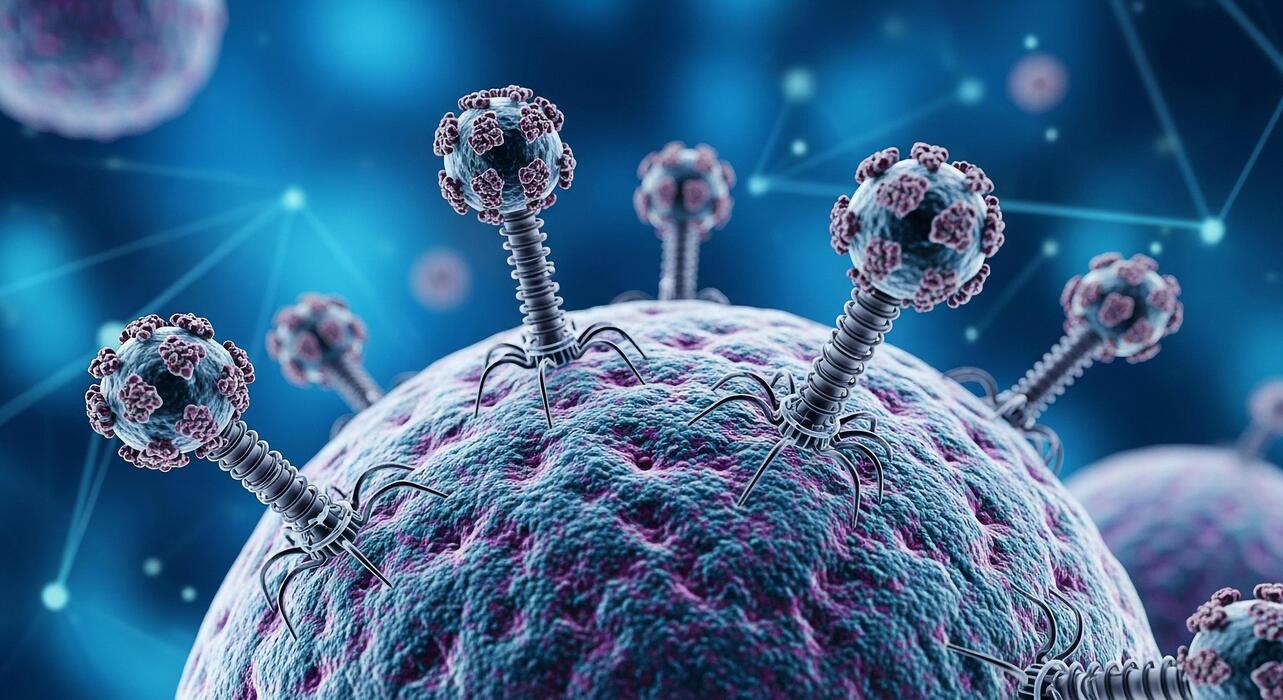 1283x700 Bacteriophage virus attacking cell illustration for medical science and microbiology research 3D render