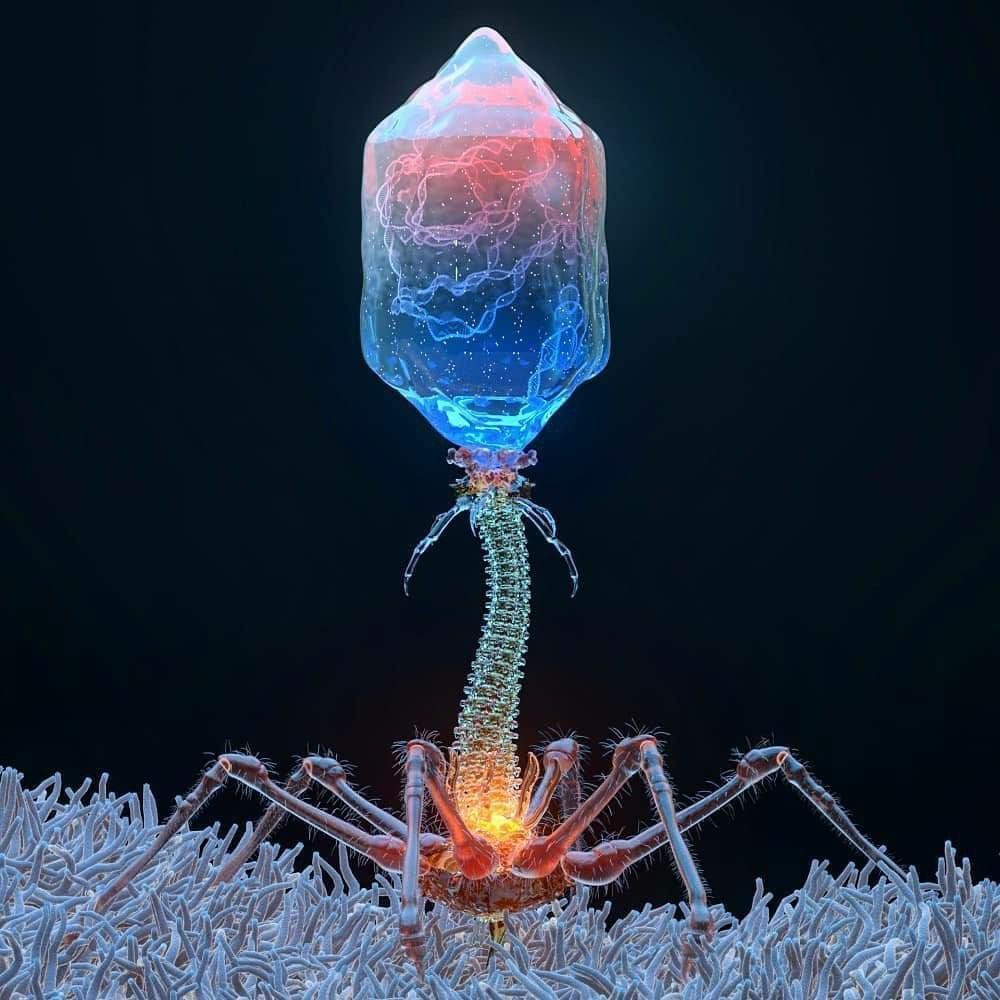 1000x1000 Bacteriophage virus porcelain style poster. Bacteriophage illustration on green background, Bacteriophage structure illustration, Bacteria