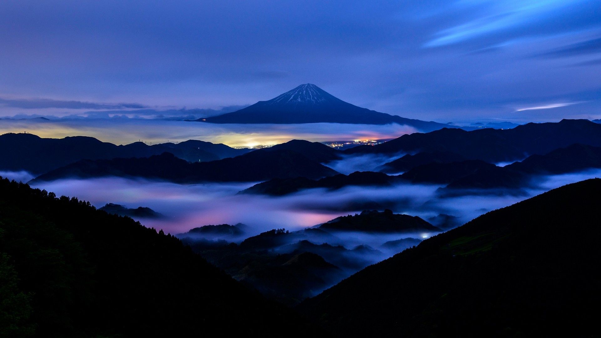1920x1080 nature, Landscape, Mountain, Mount Fuji, Japan, Evening, Hill, Trees, Mist, Long Exposure, City, Lights, Forest, Snowy Peak, Clouds Wallpaper HD / Desktop and Mobile Background