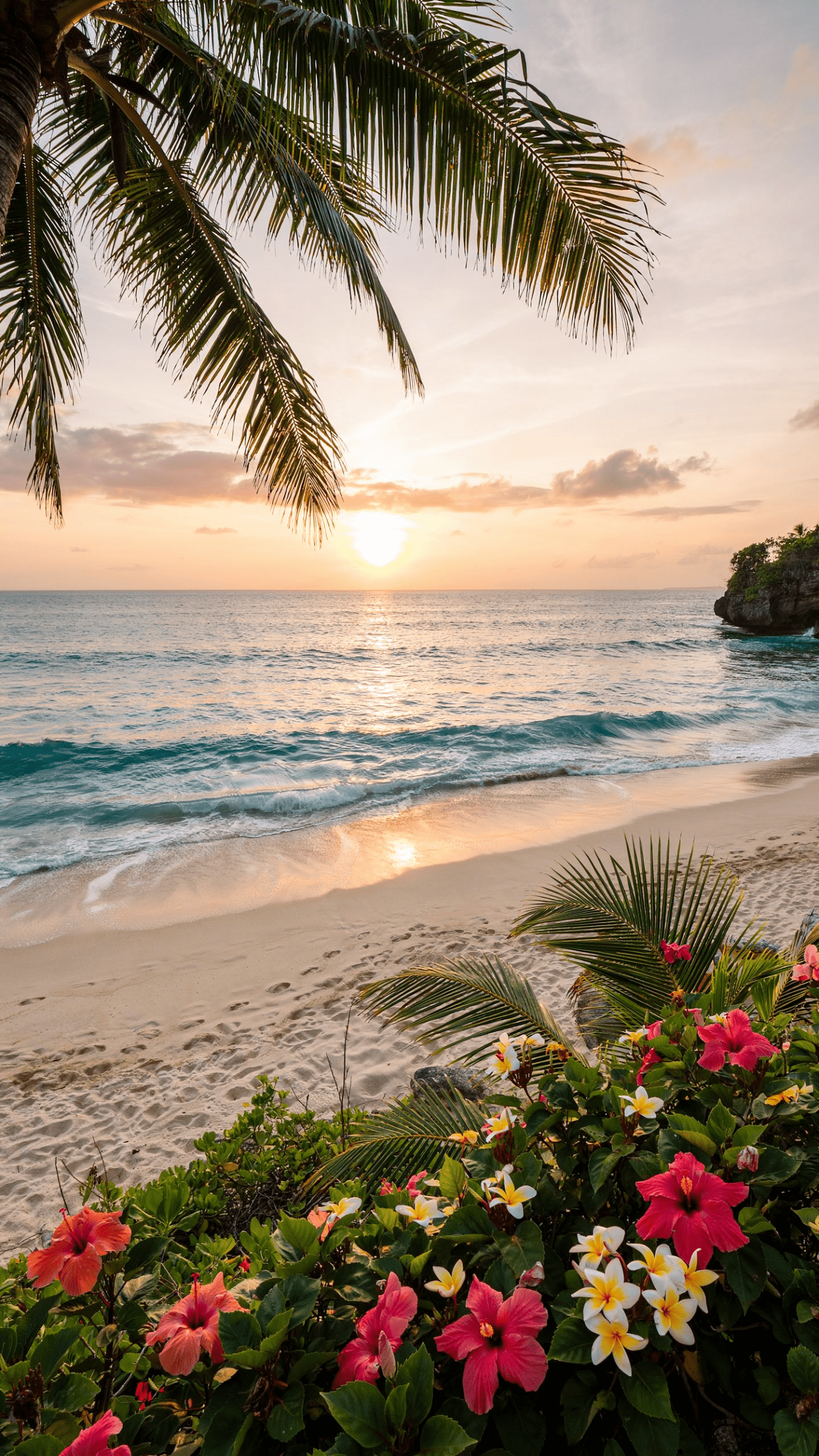1440x2560 Tvs Apache Rtr 180 Aesthetic Summer Phone Wallpaper Featuring A Tropical Beach, Palm Trees, Golden Sunset