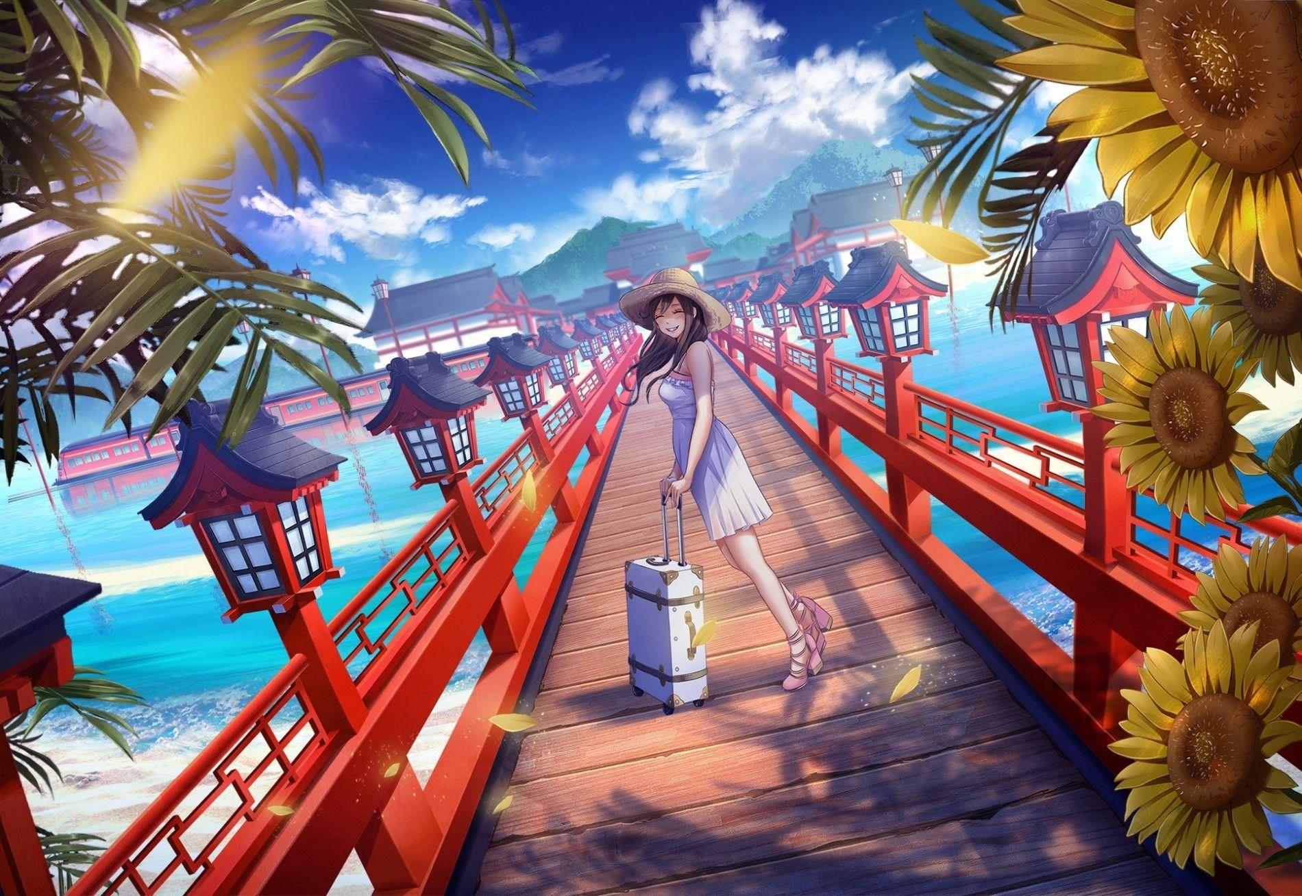 1900x1308 Download 1900x1308 Anime Girl, Summer, Bridge, Japan Traditional