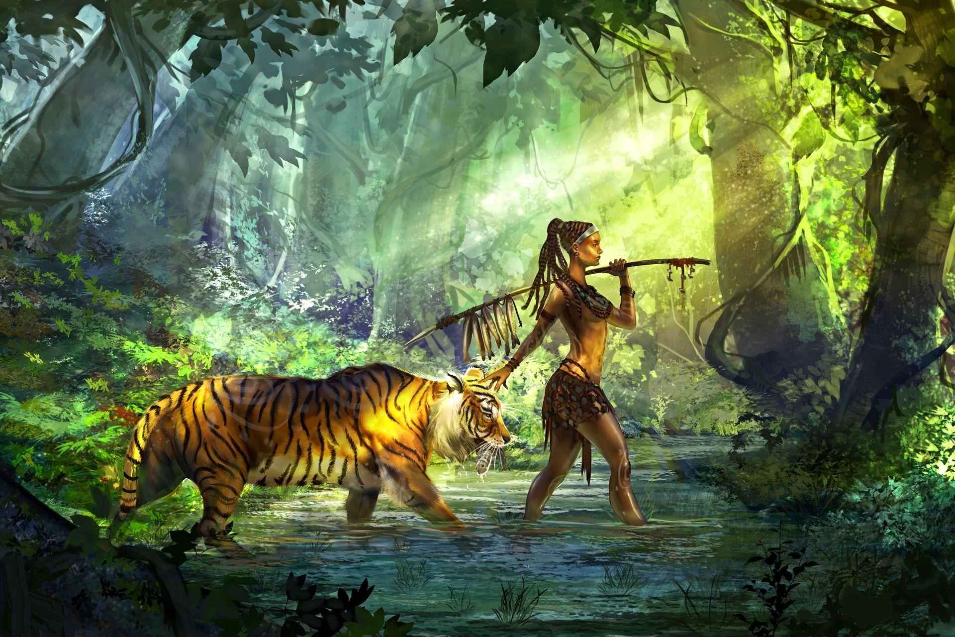 1920x1280 fantasy, women, magic, tiger, jungle wallpaper