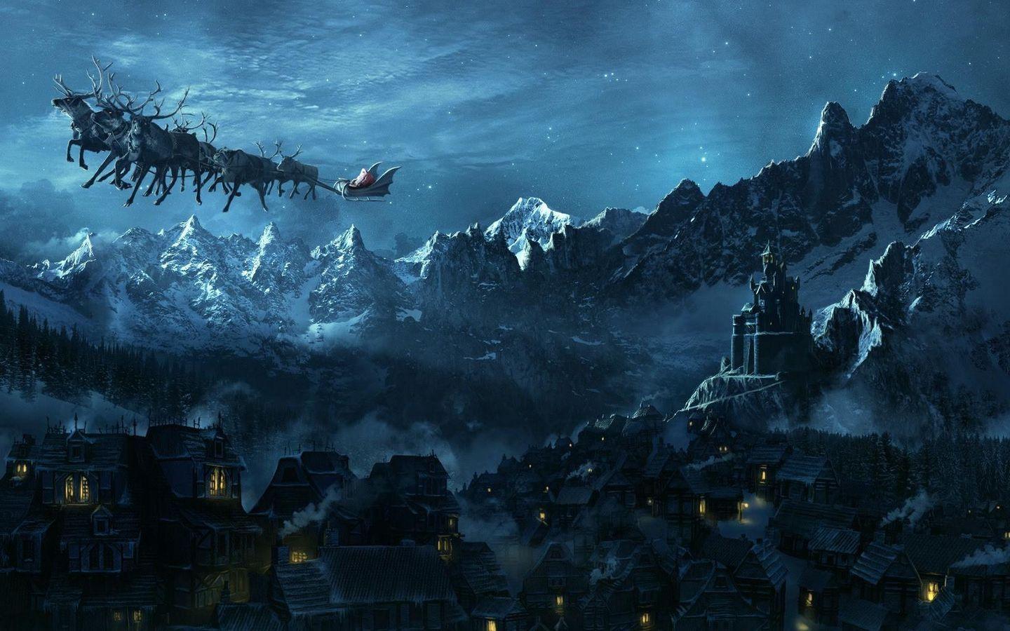 1440x900 Download wallpaper 1440x900 christmas, sleigh, flying, santa claus