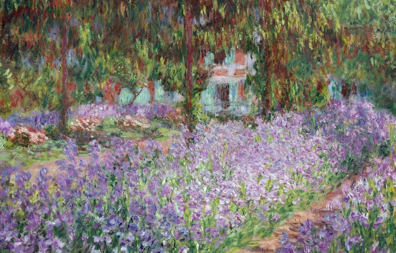 1332x850 Wallpaper landscape, picture, Claude Monet, Irises in Monet's