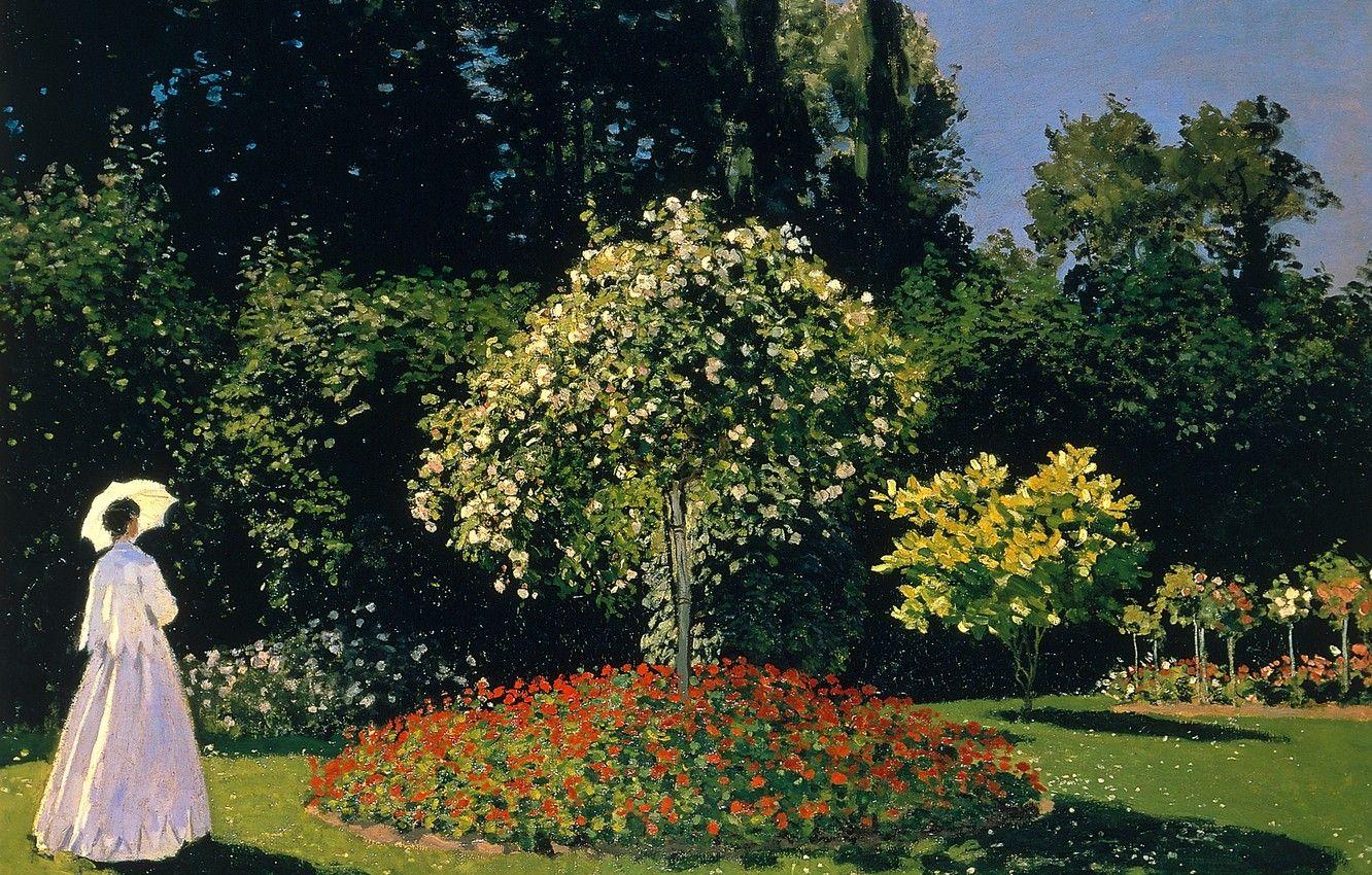 1332x850 Wallpaper trees, landscape, picture, umbrella, flowerbed, Claude