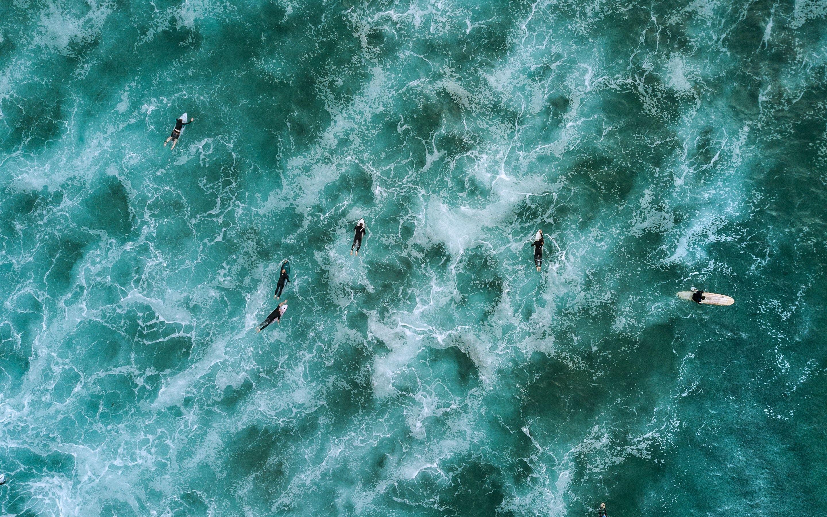 2880x1800 Wallpaper Blue sea, surfing, waves, top view, drone photography