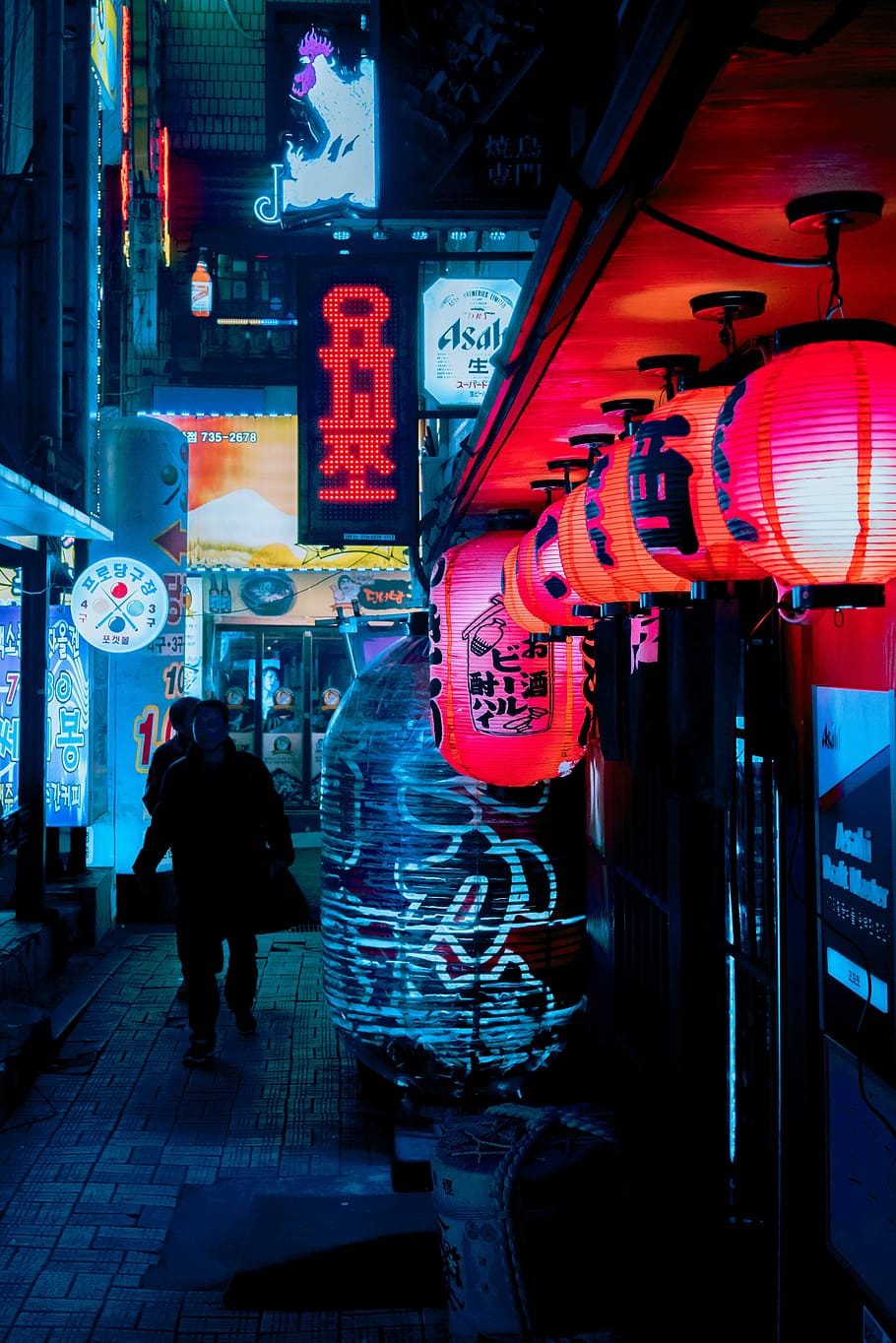 910x1364 seoul, silhouette, person, walking, hallway street, neon signs, city, street