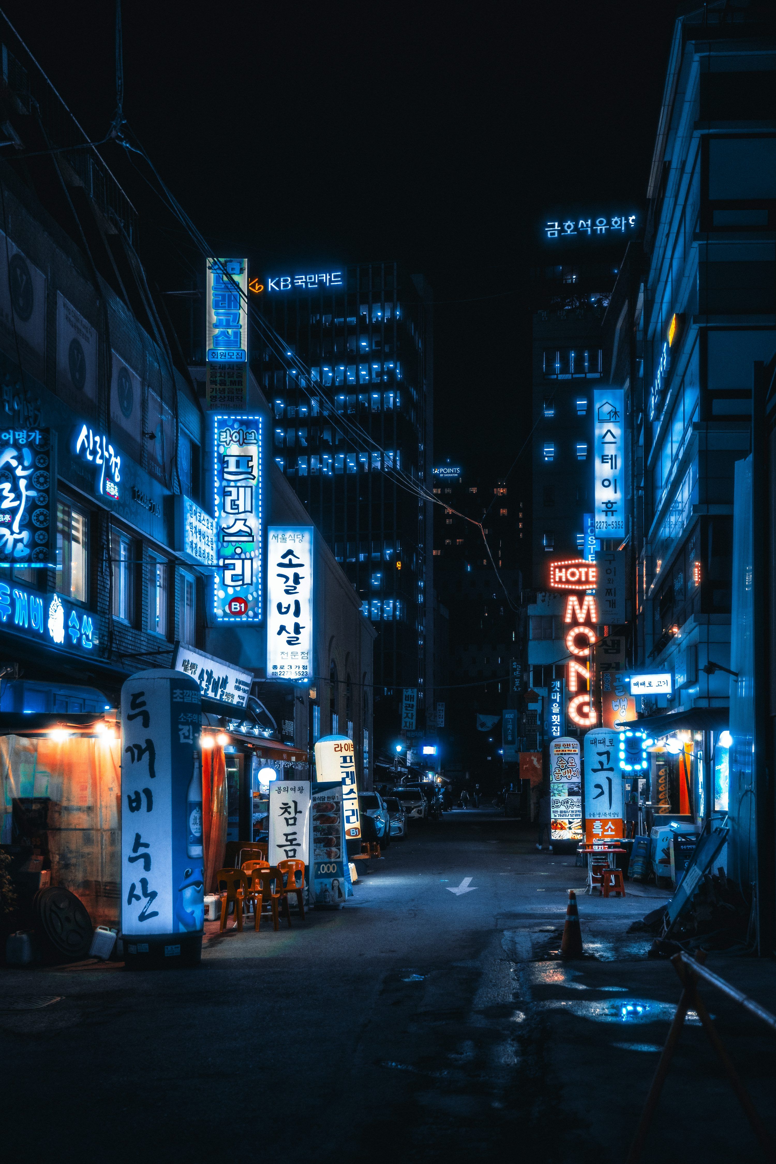 3000x4500 A city street at night with neon signs photo