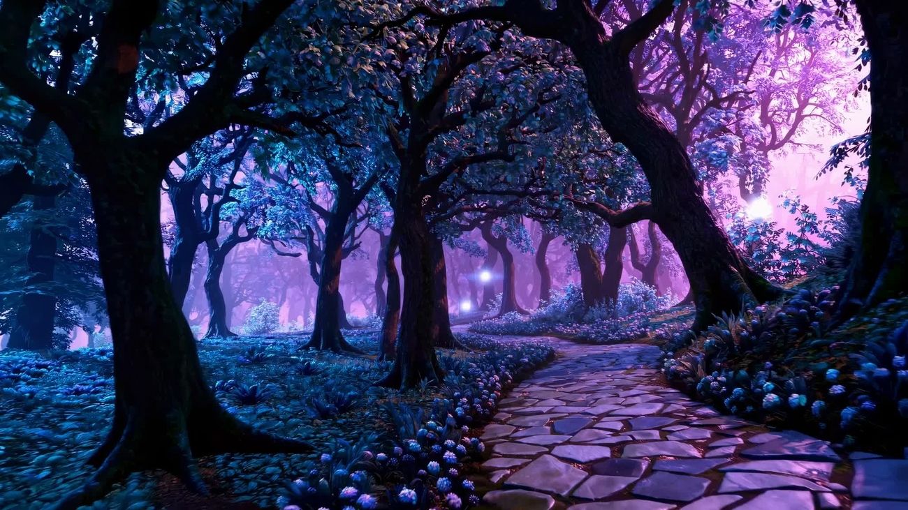 1300x731 mystical forest path glowing flora