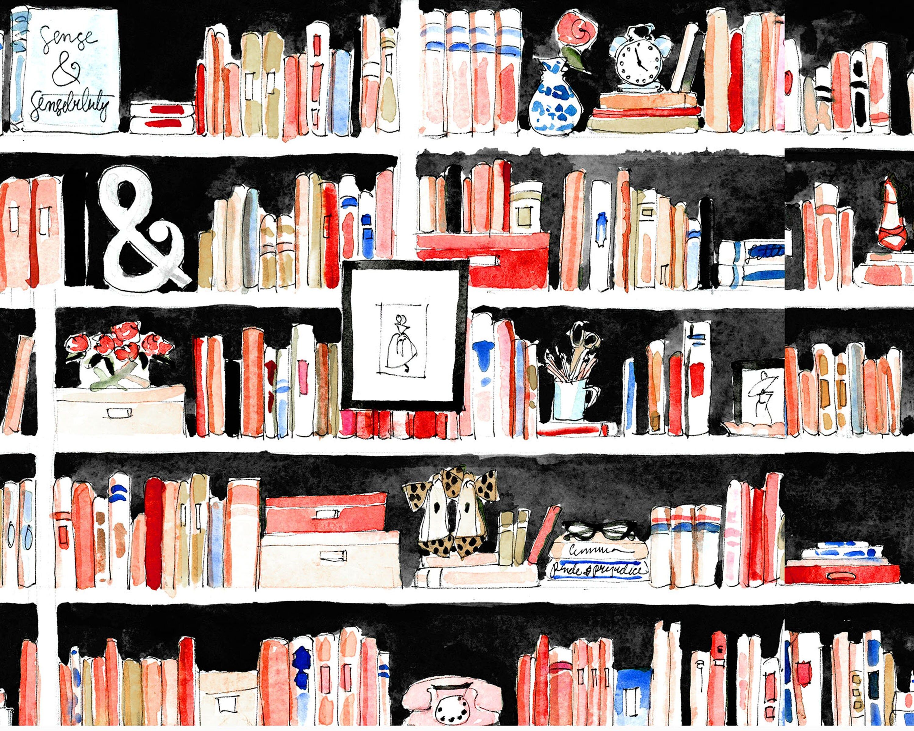 3000x2400 Art Print: Bookshelf Print {Book Sketch, Reader, Reading Drawing, Cute Sketch, Girly, Fashion Illustration, Home Decorating, Watercolor}