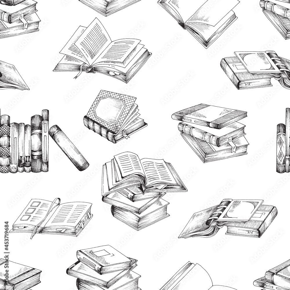 1000x1000 Hand Drawn Vintage Sketch Book Seamless Pattern. Vector Illustration Of Books For Background Or Wallpaper. Stock Vektor