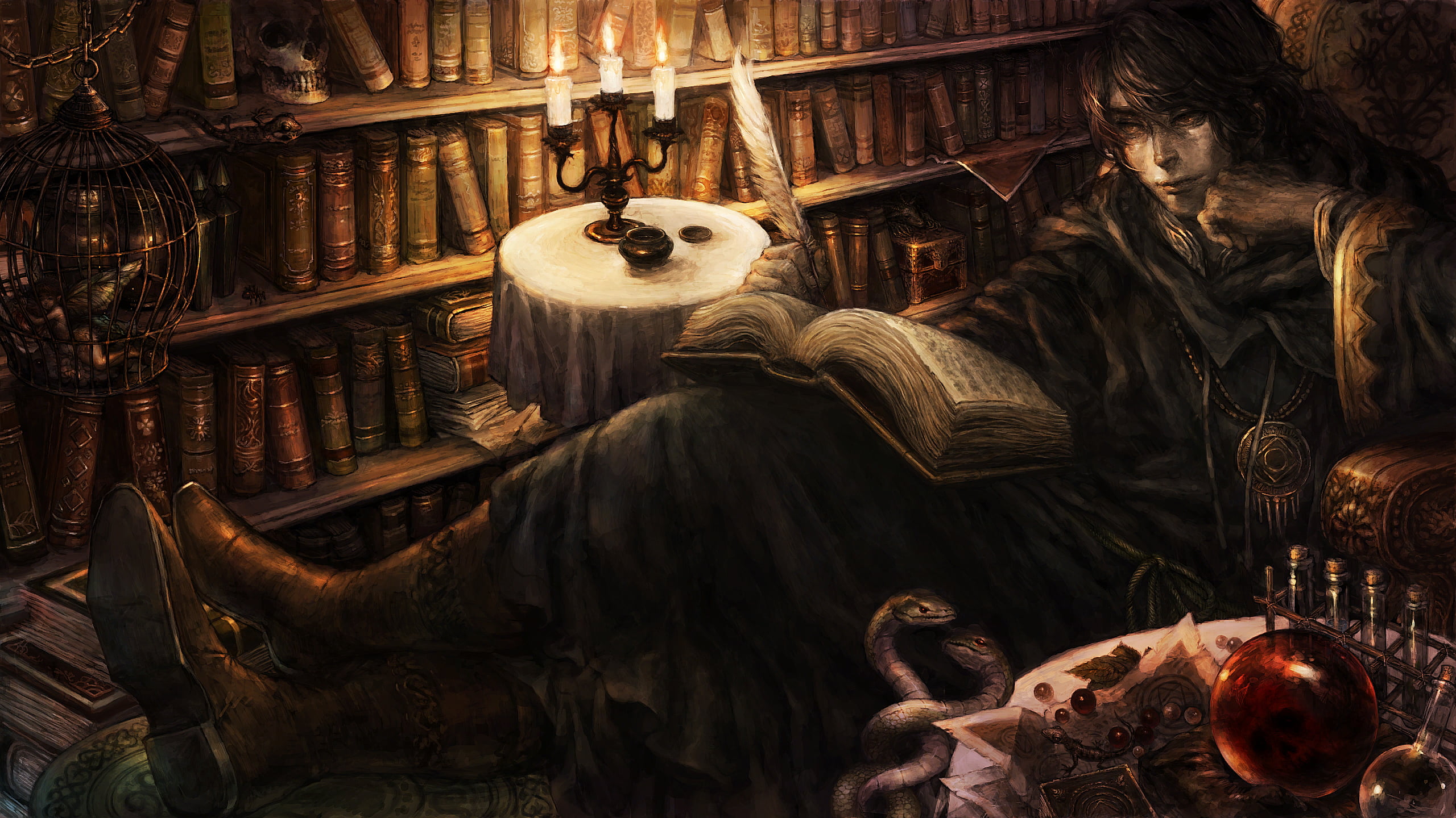 2560x1440 Person reading book painting, Dragon's Crown, fantasy art HD wallpaper