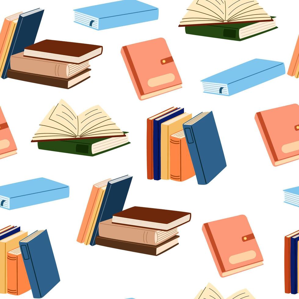 980x980 Paper books pattern. Seamless background with literature repeating print. Printable texture for wrapping, wallpaper. Endless backdrop design for bookstore. Colored flat illustration