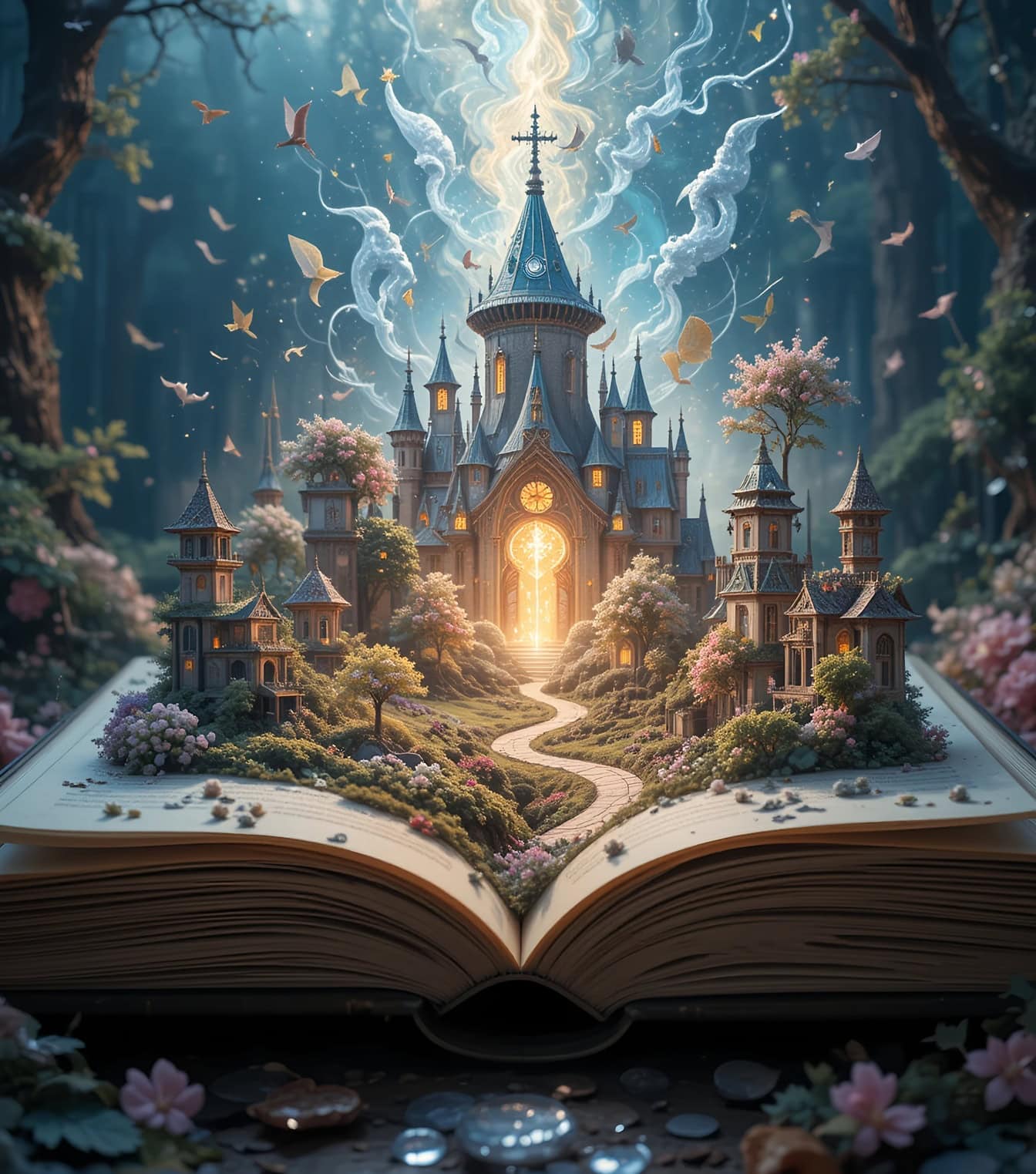 1344x1523 Free picture: An open book with a castle and trees, a book of a legend and fairytale