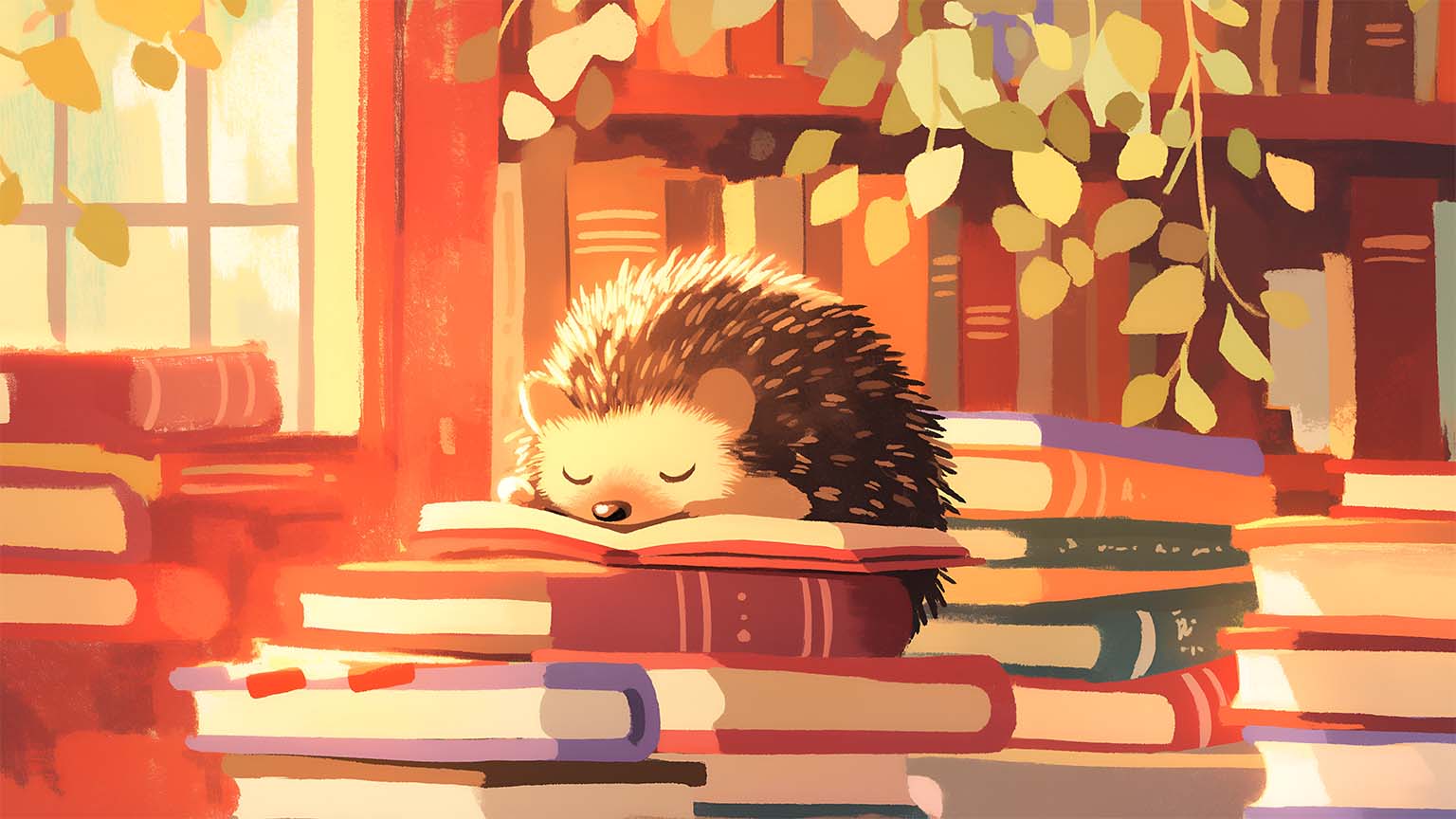 1536x864 Hedgehog Book Nap Study Cute Style Desktop Wallpaper