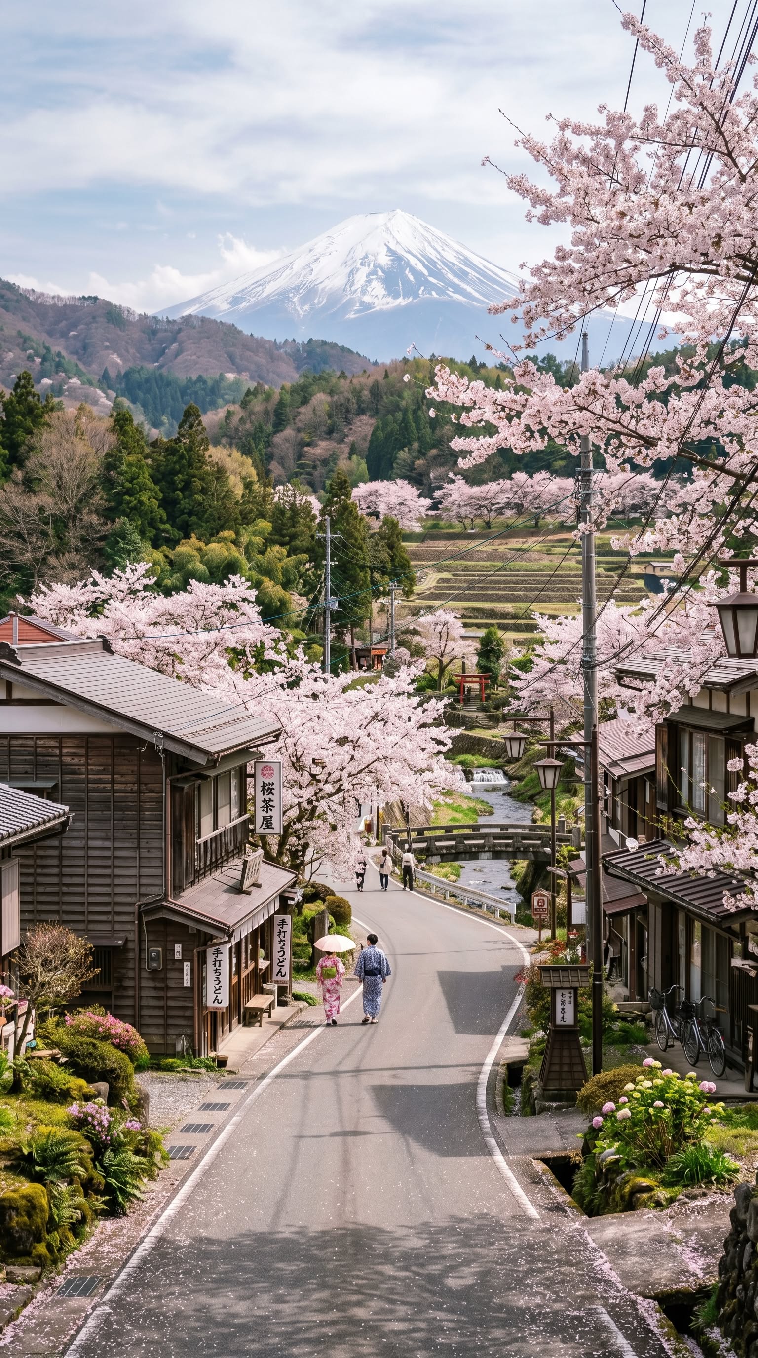 1536x2752 Y6 2019 Huawei Y6 2017 Battery Replacement A Person Walking Down The Street In Front Of Some Cherry Blossom Trees With A Mountain In The Background