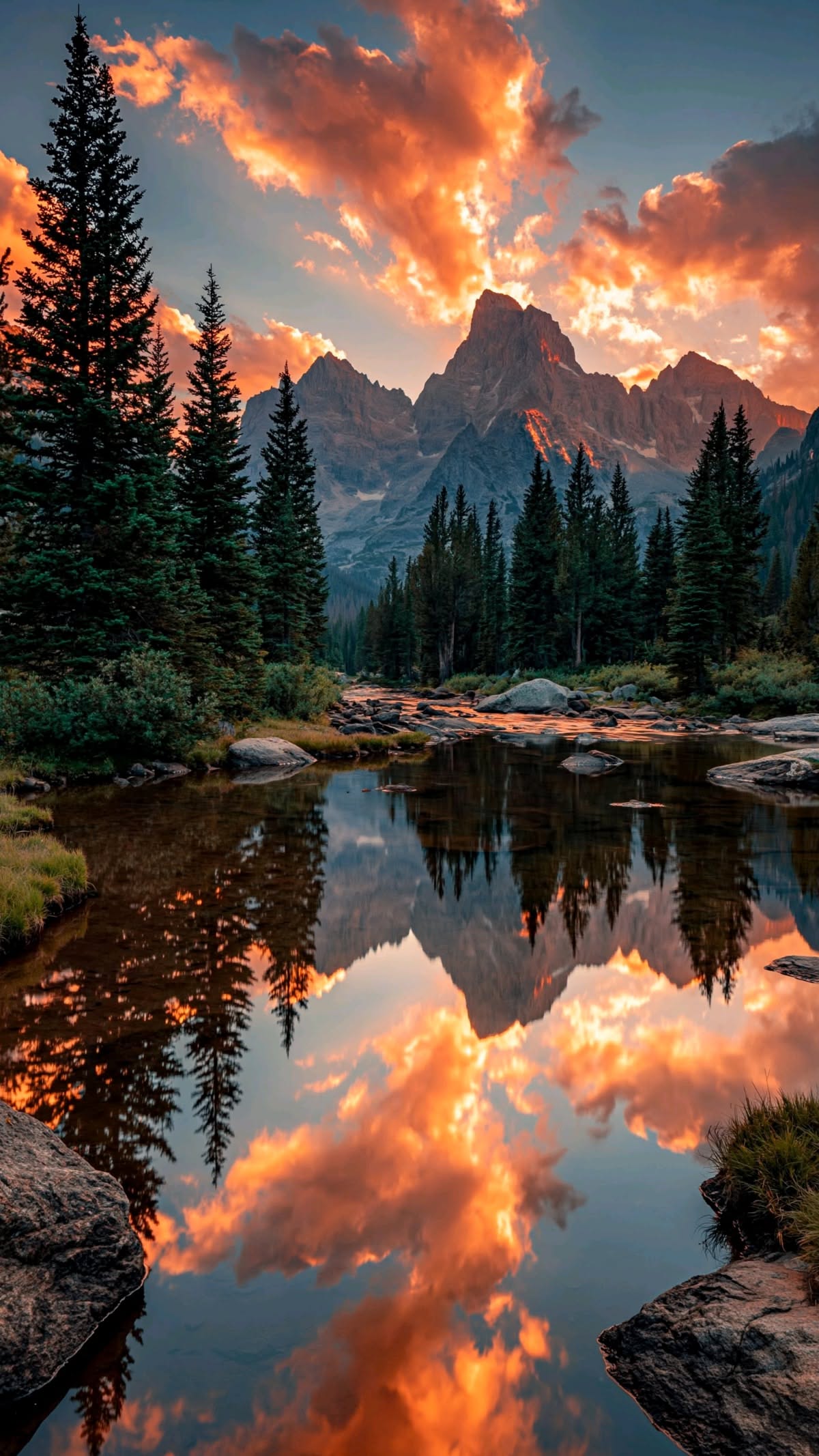 1200x2133 Y6 2019 Battery The Sun Is Setting Over A Mountain Range And Reflecting In A Small Pond With Rocks