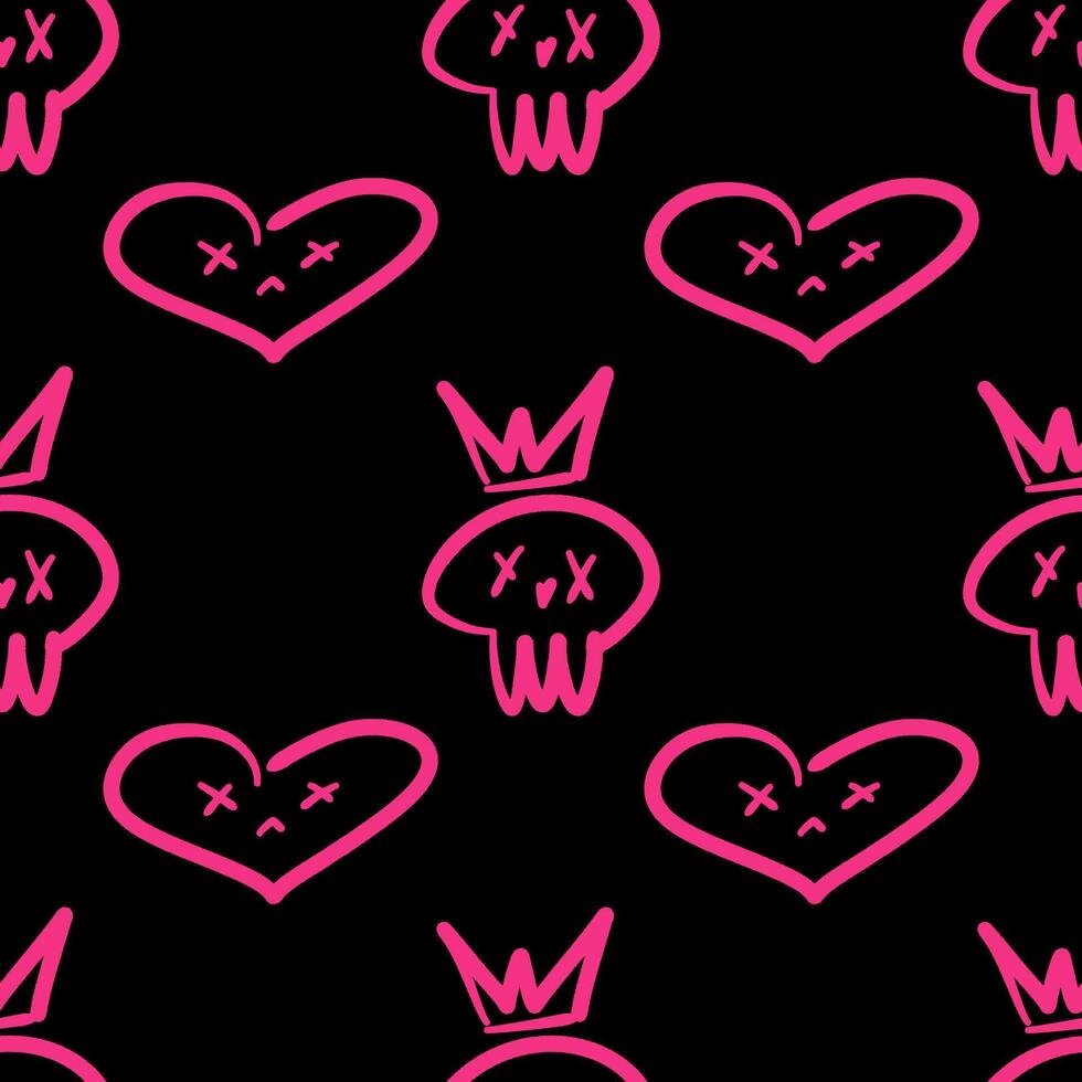 980x980 Graffiti style seamless pattern with pink scribble skulls and sad hearts. Edgy, punk, and alternative aesthetic for textiles, wallpaper, and rebellious streetwear fashion designs