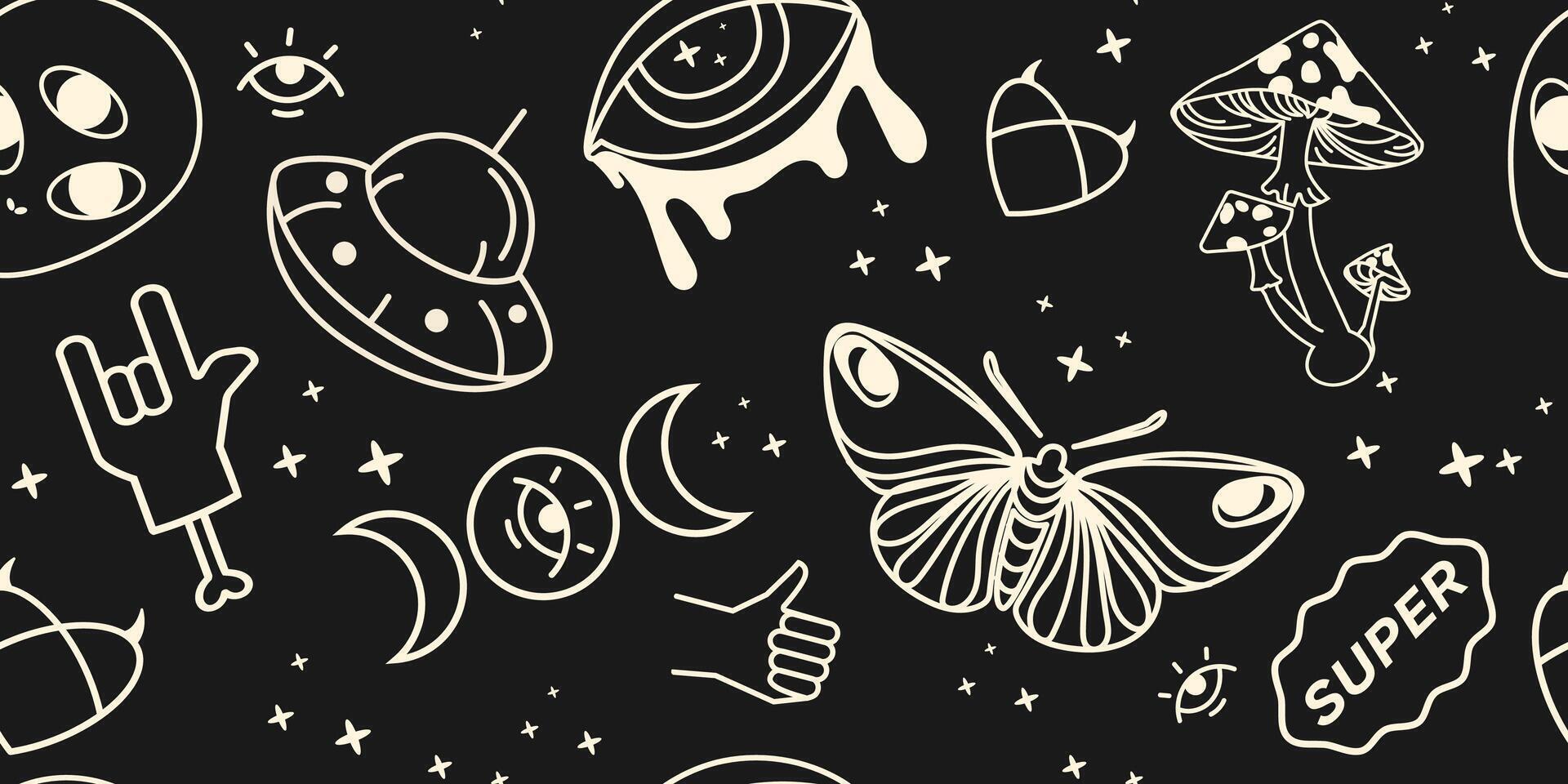 1920x960 Mystic seamless pattern with UFOs, mushrooms, eyes, moon, butterflies, esoteric symbols tattoo style on a black. Perfect for alternative and boho designs print, wallpaper, fabric. illustration