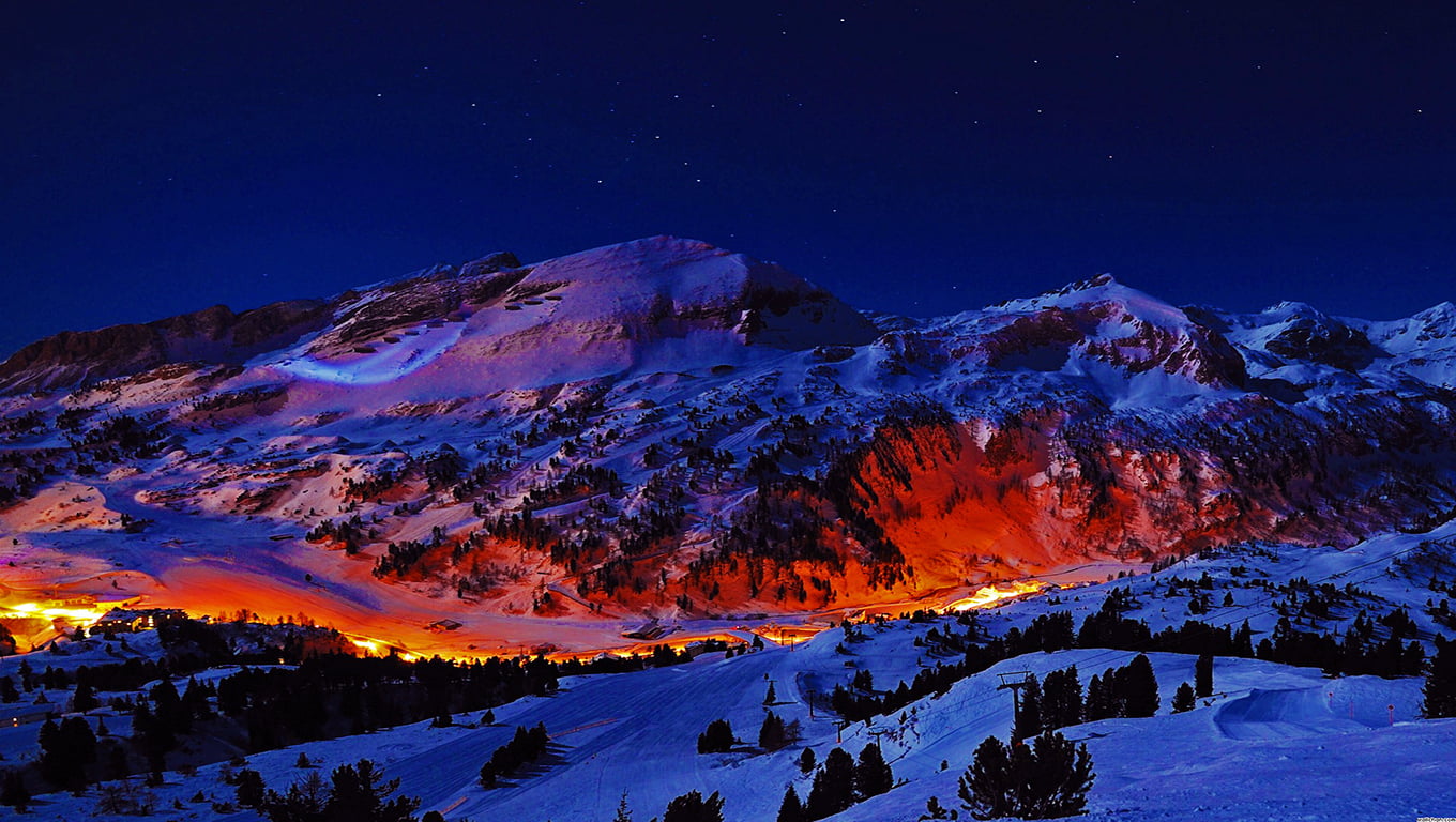 1360x768 Snowy mountain, mountains, night HD wallpaper