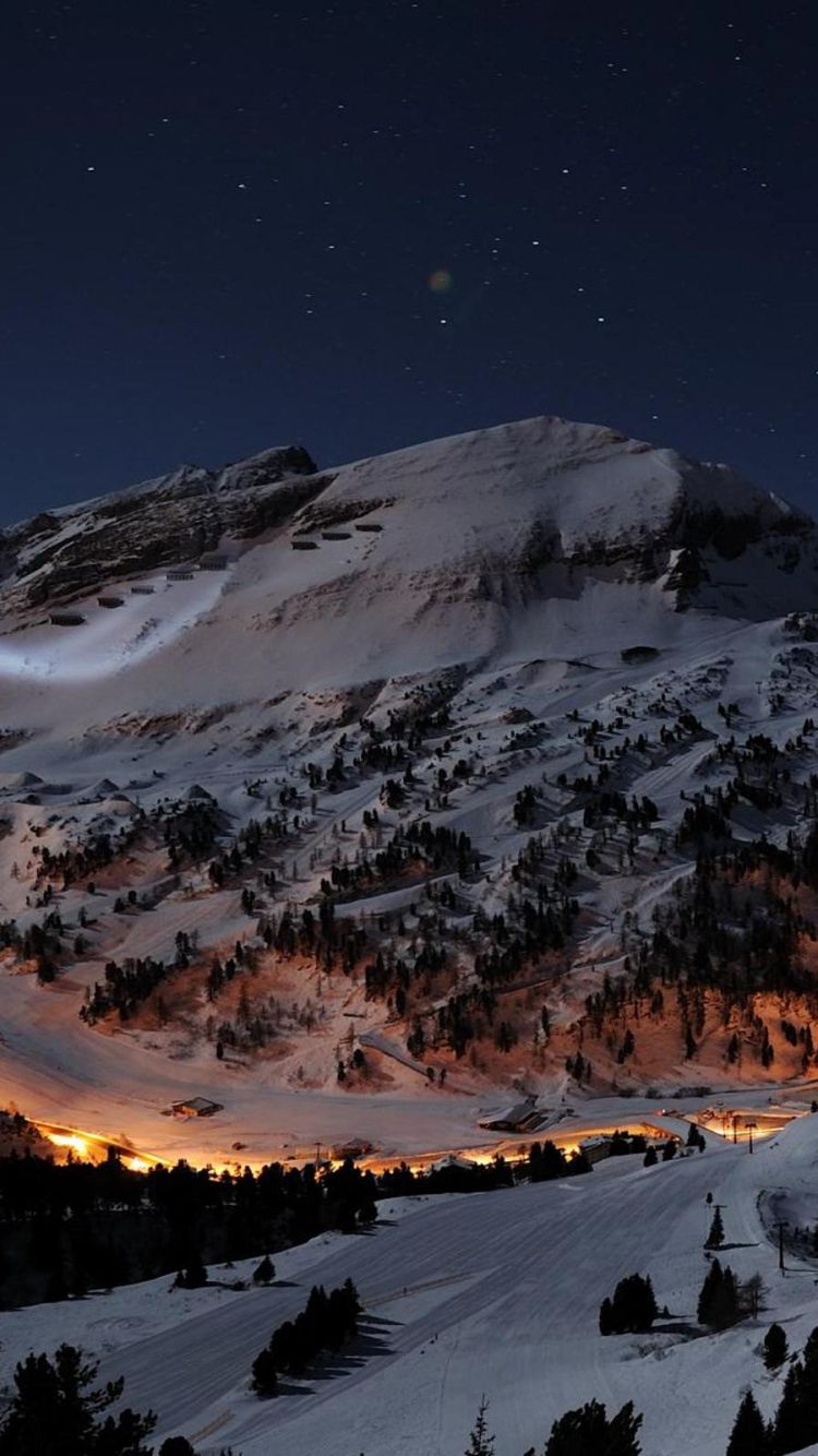 750x1334 Phone wallpaper: Mountains, Sky, Night, Earth, Mountain, Austria, Snow, Light, Winter, Village, Landscape, Stars 1091602