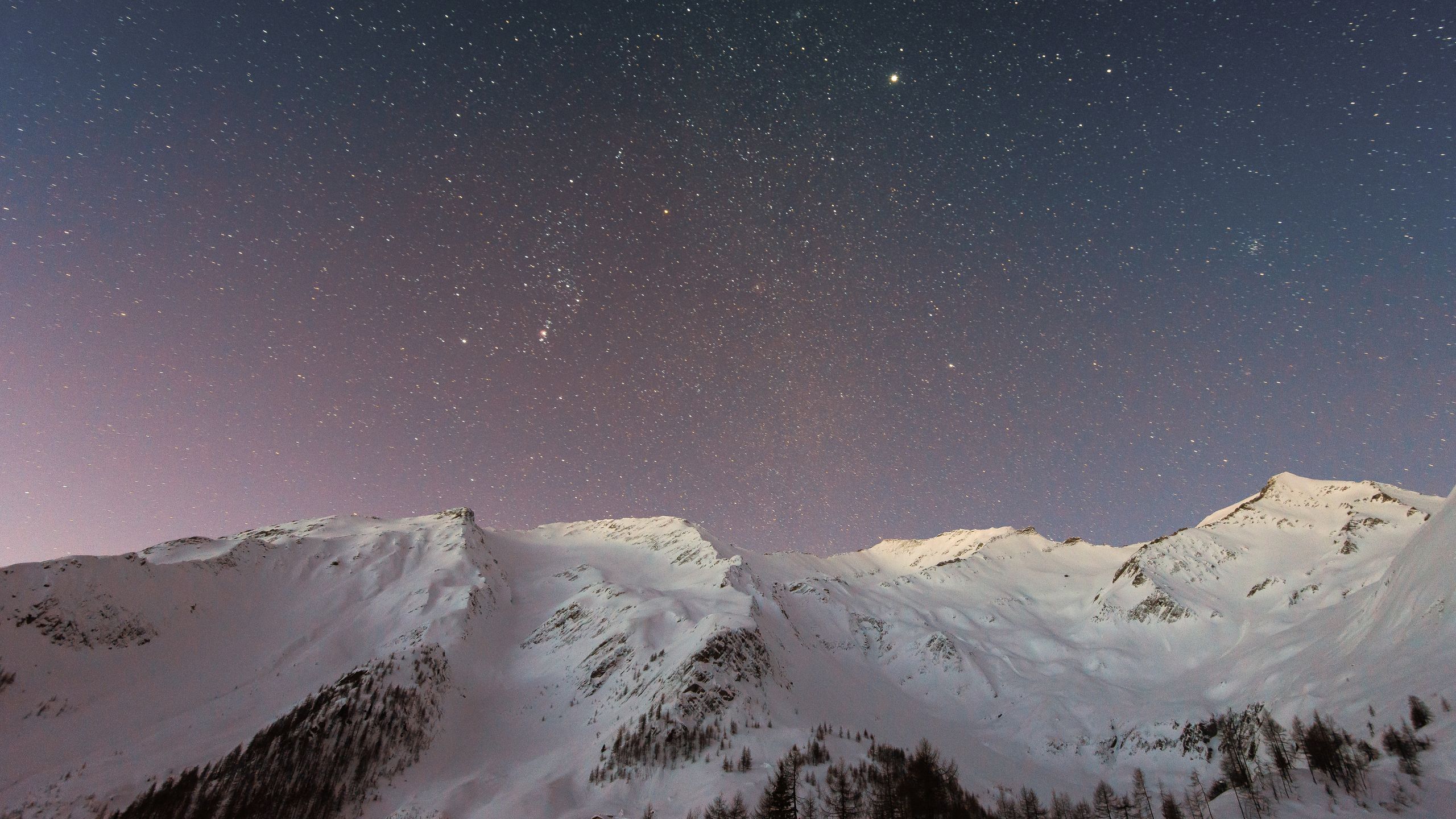 2560x1440 Download Snow Mountain With Night Sky, Snow, Mountain, Night, Sky, 2K, 3K, 4K, 5K, 6K Wallpaper in 2560x1440 Resolution