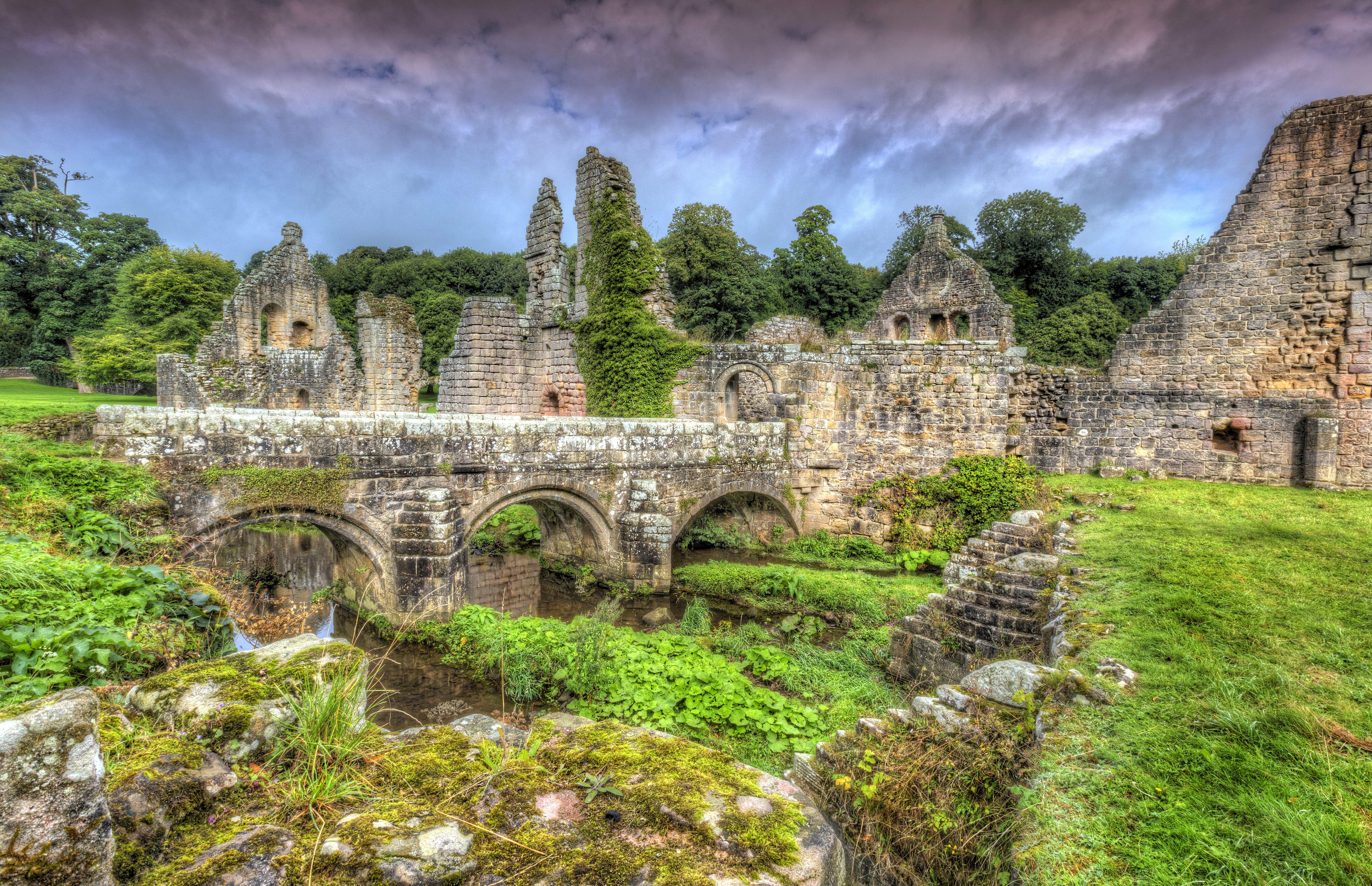 5420x3500 Wallpaper England Fountains Abbey HDRI Bridges Ruins Grass 5420x3500