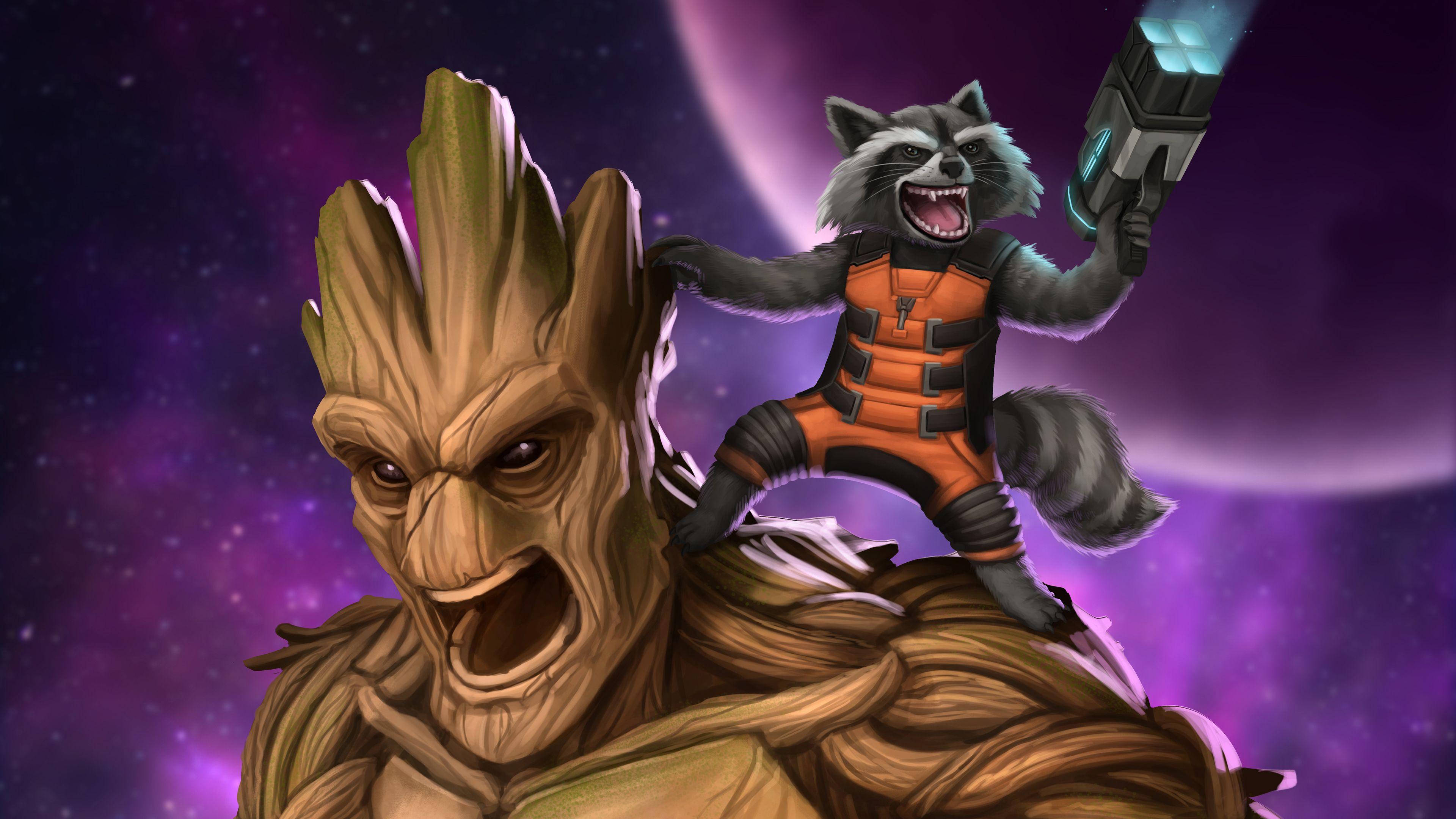 3840x2160 Wallpaper 4k Groot And Rocket Raccoon Artwork 4k 4k Wallpaper