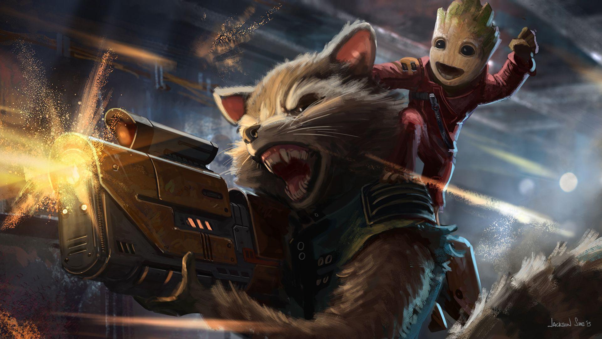 1920x1080 #baby groot, #rocket raccoon, #artwork, #guardians