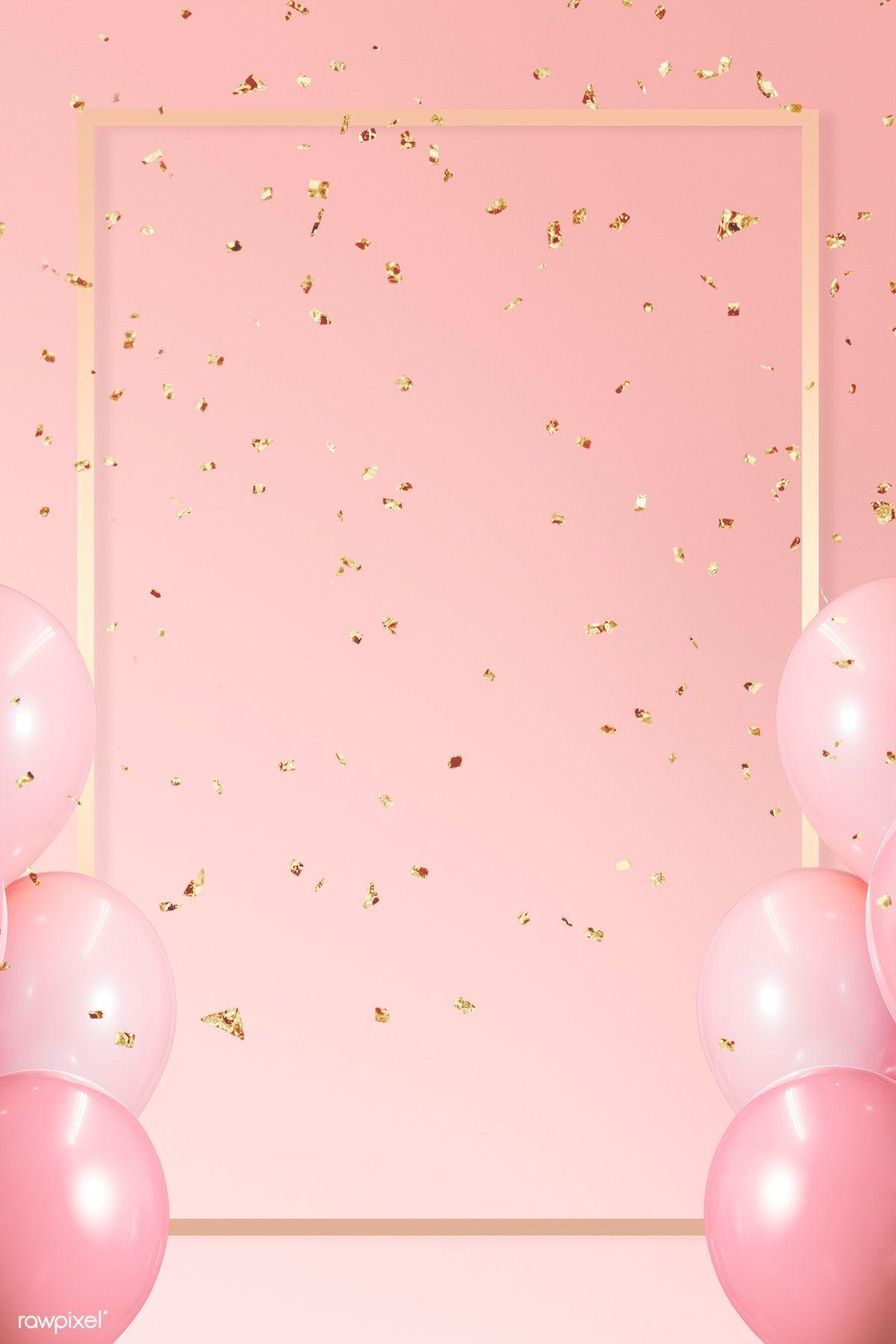 1200x1800 Download premium psd / image of Golden frame balloons on a pink background by Jubjang about birthday, birthday pink, pink balloons, baby shower, and gold confet. Happy birthday wallpaper, Birthday wallpaper
