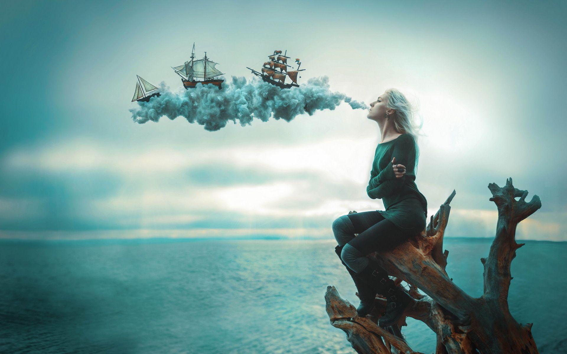 1920x1200 Free download Situations girl dream ships smoke gust blow ocean
