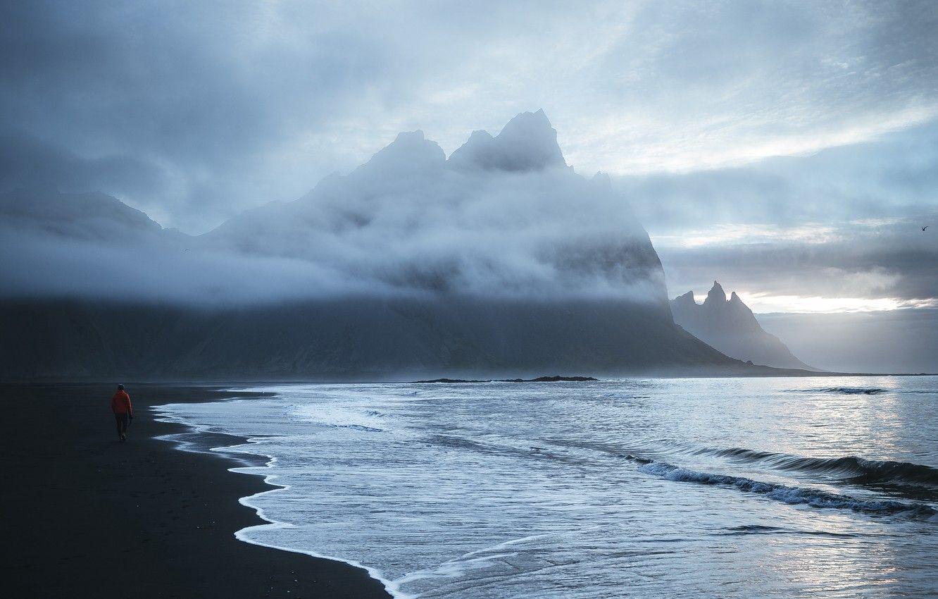 1332x850 Wallpaper waves, black, beach, sea, nature, mountains, clouds, landscapes, fog, alone, sand, mood, solitude, daybreak, dawn, lonely image for desktop, section настроения