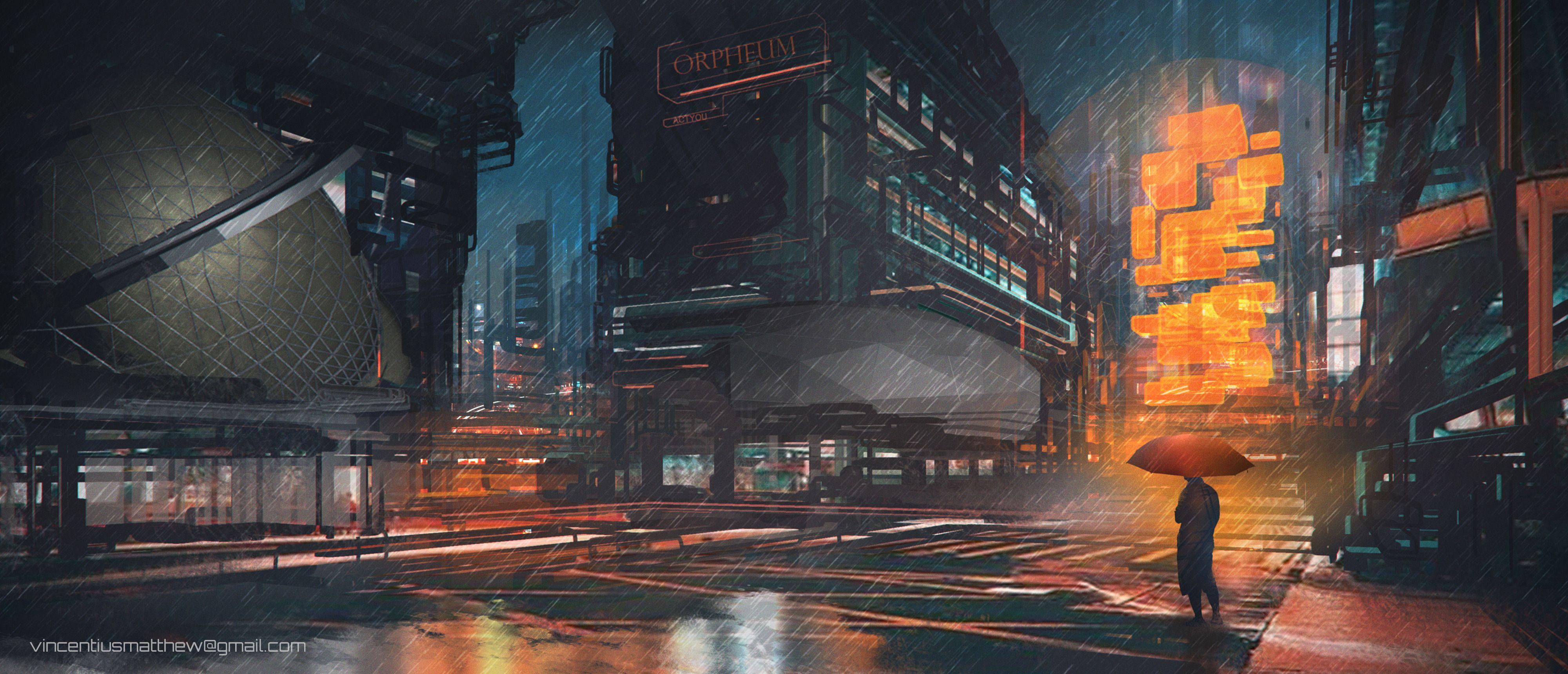 4000x1720 Rainy Night Man With Umbrella Scifi Drawings Digital Art, HD Artist, 4k Wallpaper, Image, Background, Photo and Picture