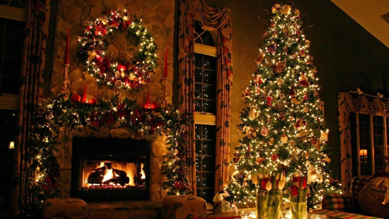 1366x768 christmas tree, ornaments, fireplace 1366x768 Resolution