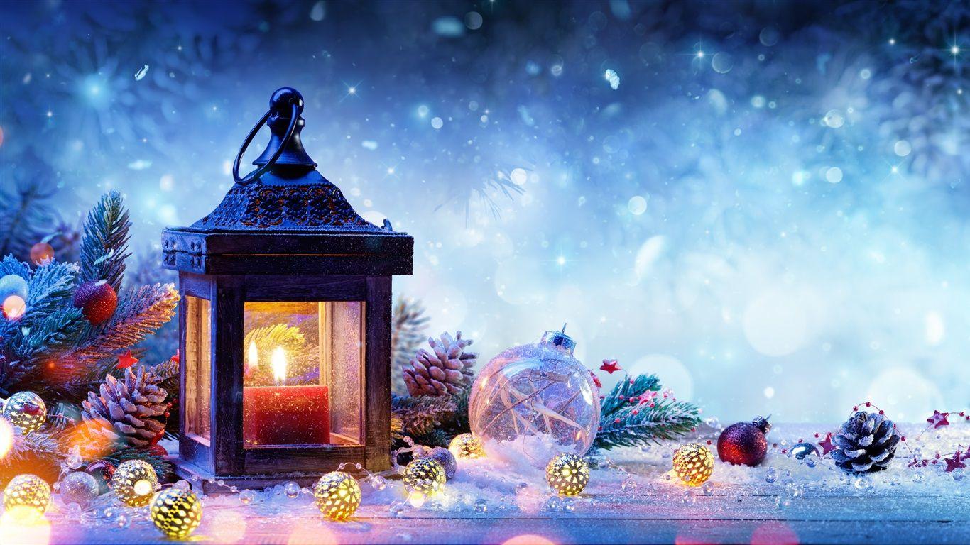 1366x768 Wallpaper Christmas decorations, spruce, snow, lamp, balls, New