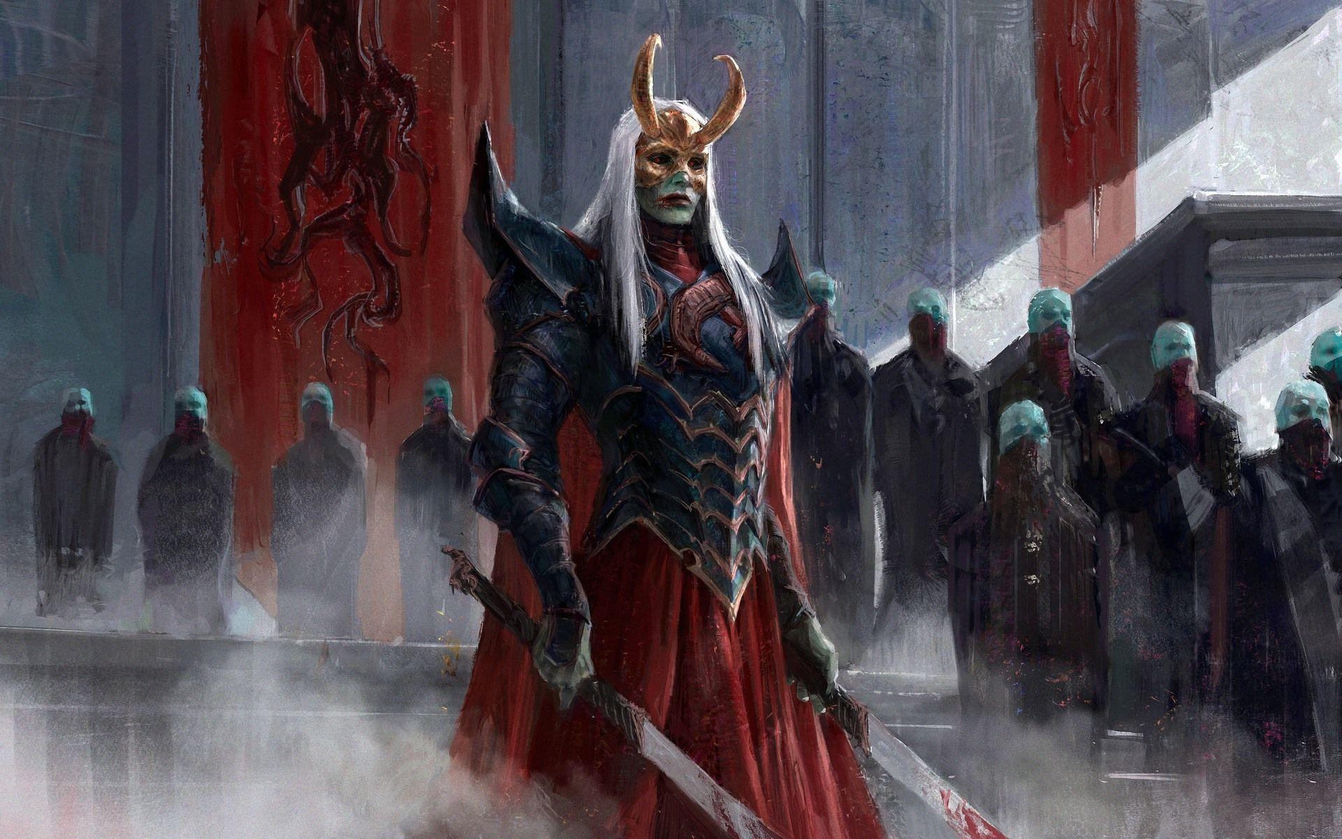 1920x1200 Wallpaper Warrior, fantasy, mask, sword, blood, art picture
