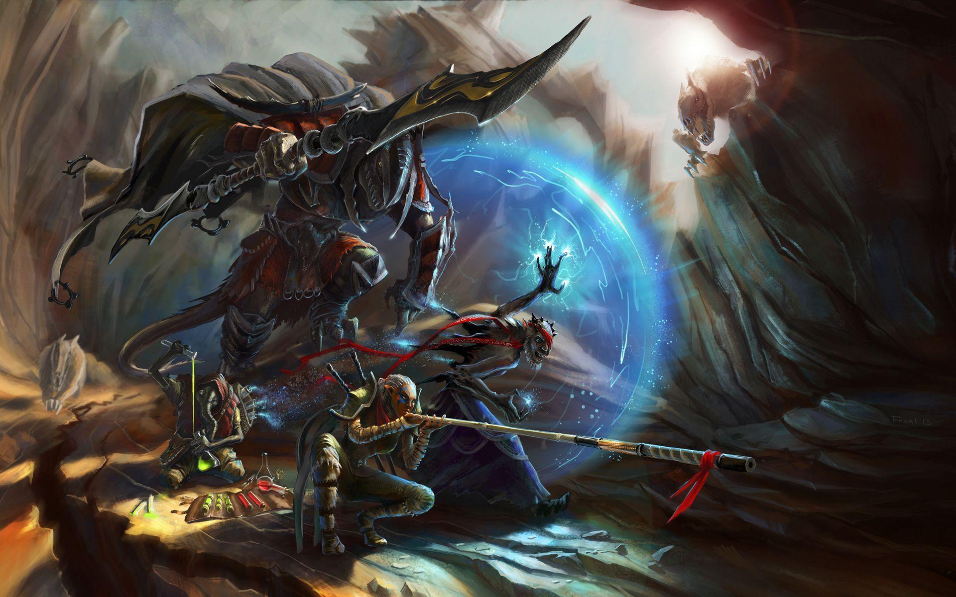 1920x1200 Download wallpaper 1920x1200 warriors, cave, armor, battle, art