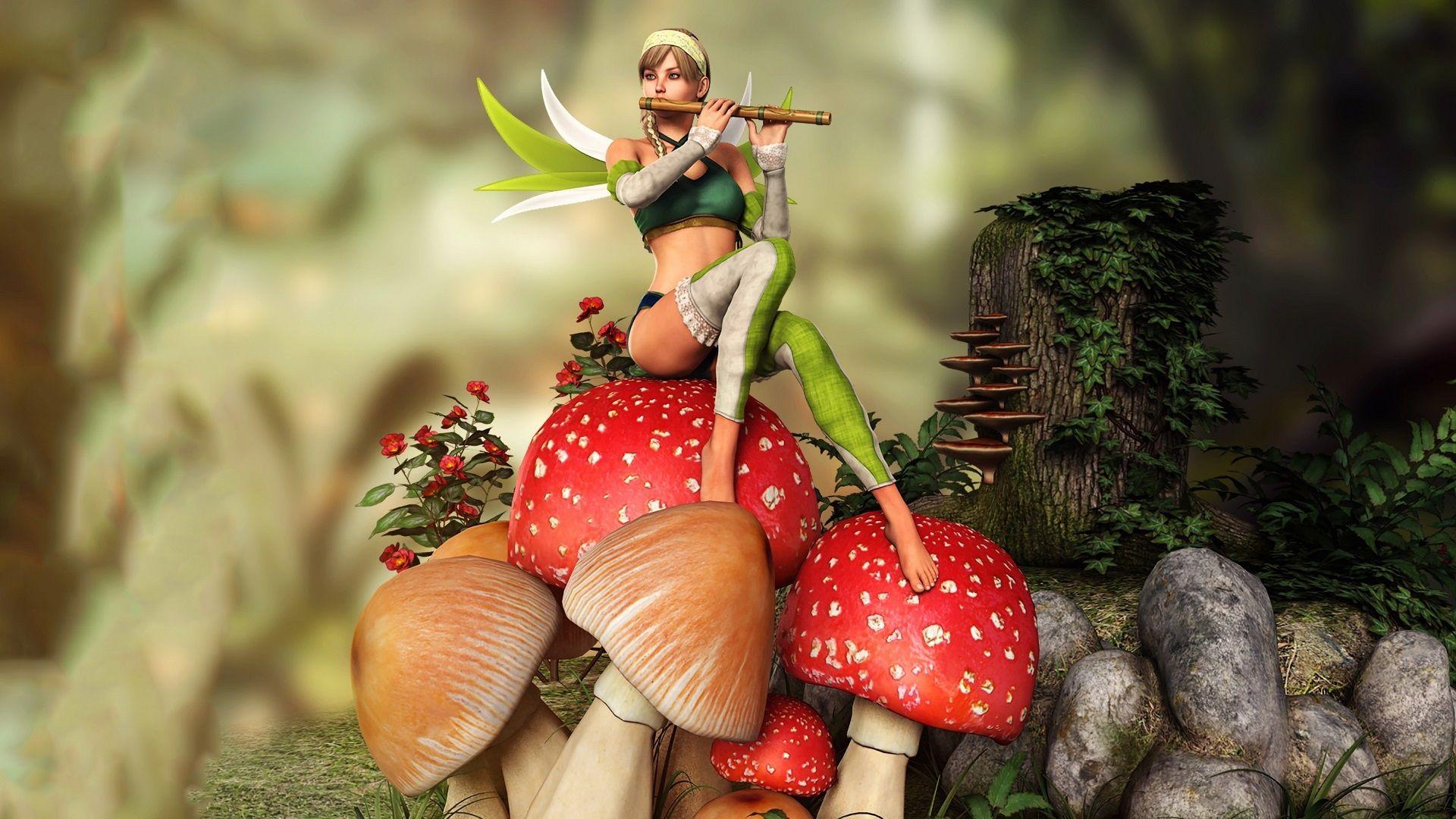 1920x1080 Wallpaper Fairy, girl play flute, mushrooms 1920x1080 Full HD 2K Picture, Image