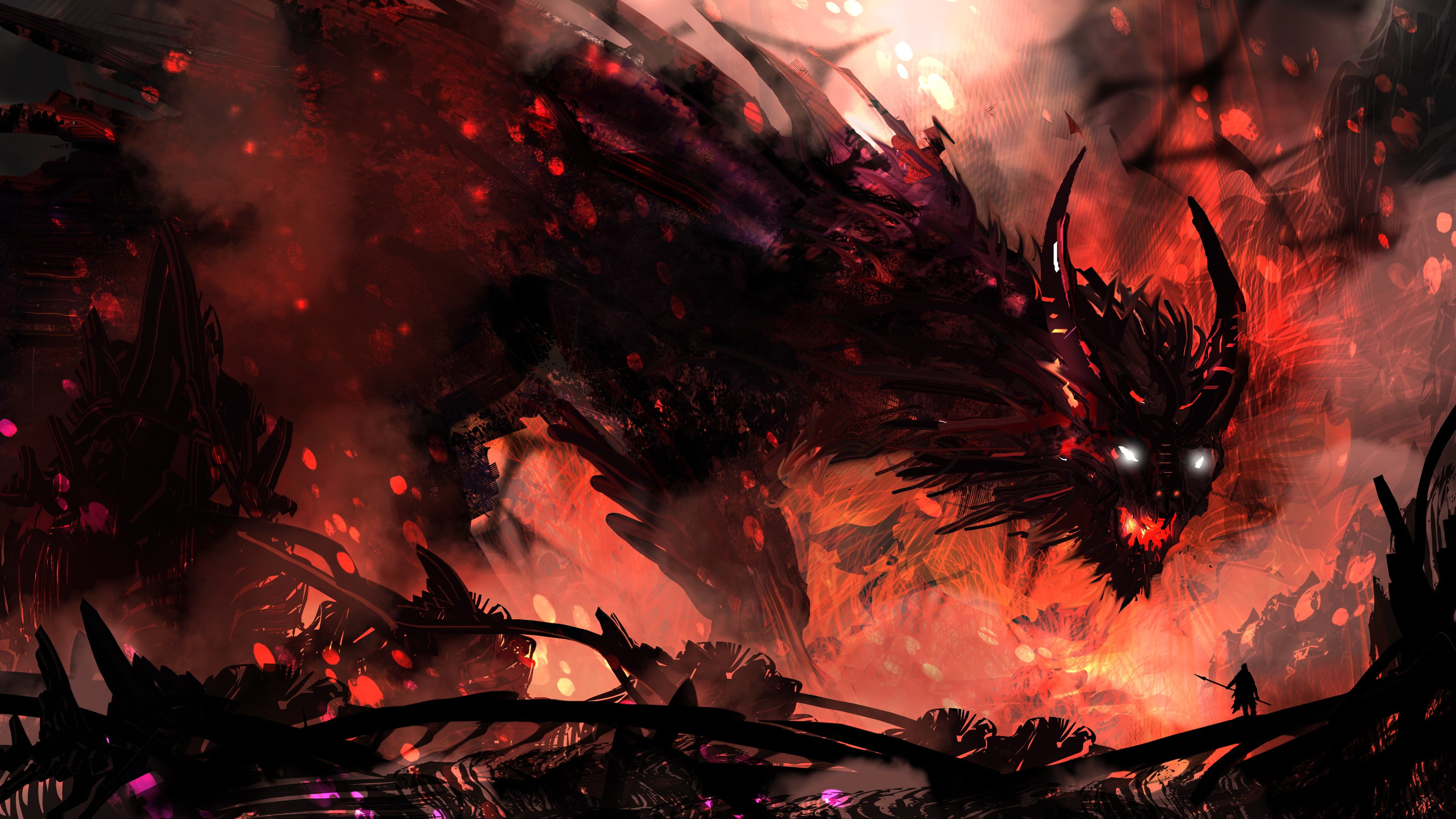 3840x2160 Black flame monster wallpaper, fantasy art, creature, hero, fire HD wallpaper