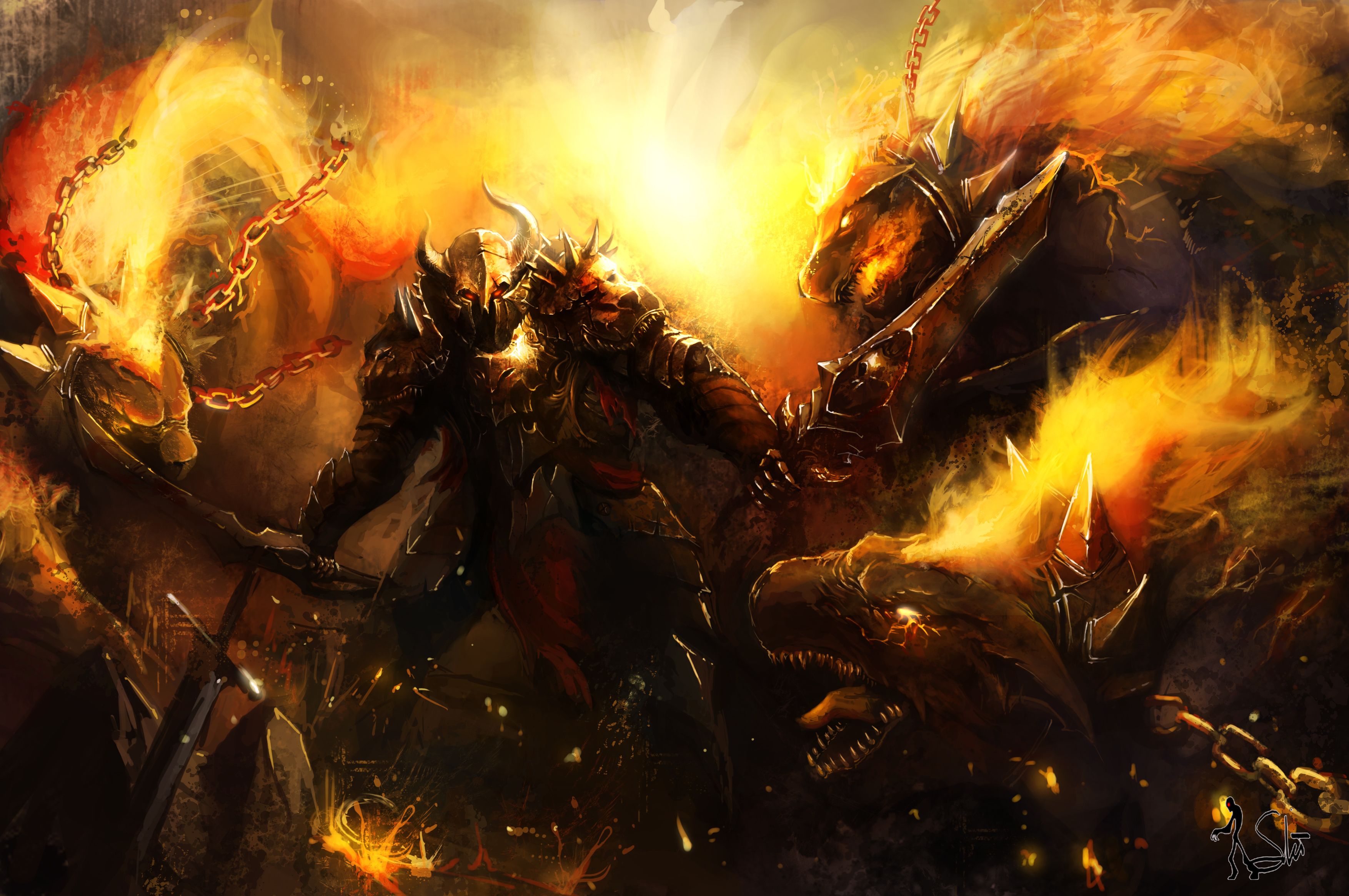 3508x2330 battle, Monster, Fire, Armor, Sword, Warrior Wallpaper HD / Desktop and Mobile Background