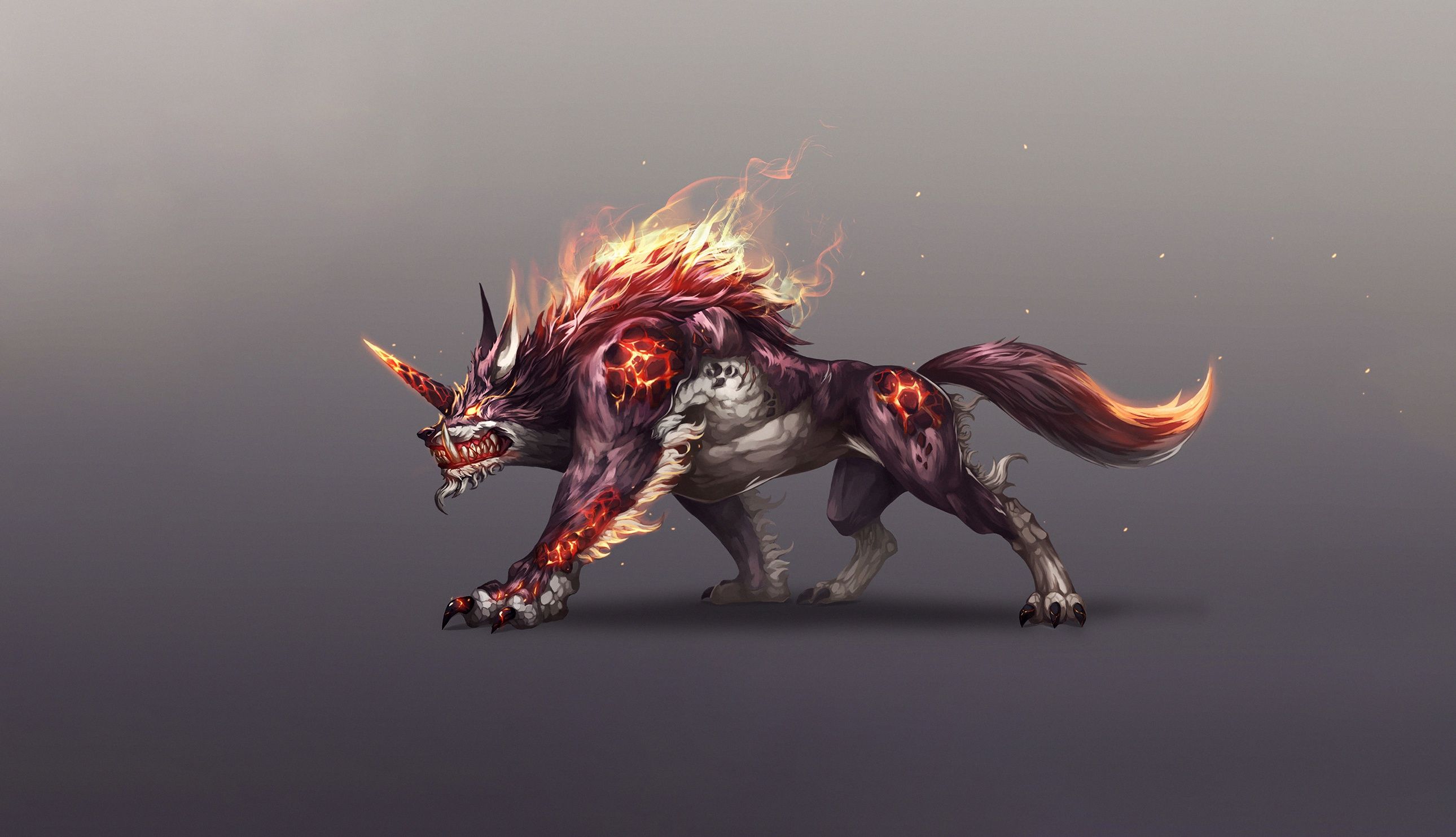 2580x1484 Wallpaper fire, flame, fantasy, monster, style, art, wolf, Minimalism for mobile and desktop, section минимализм, resolution 2580x1484