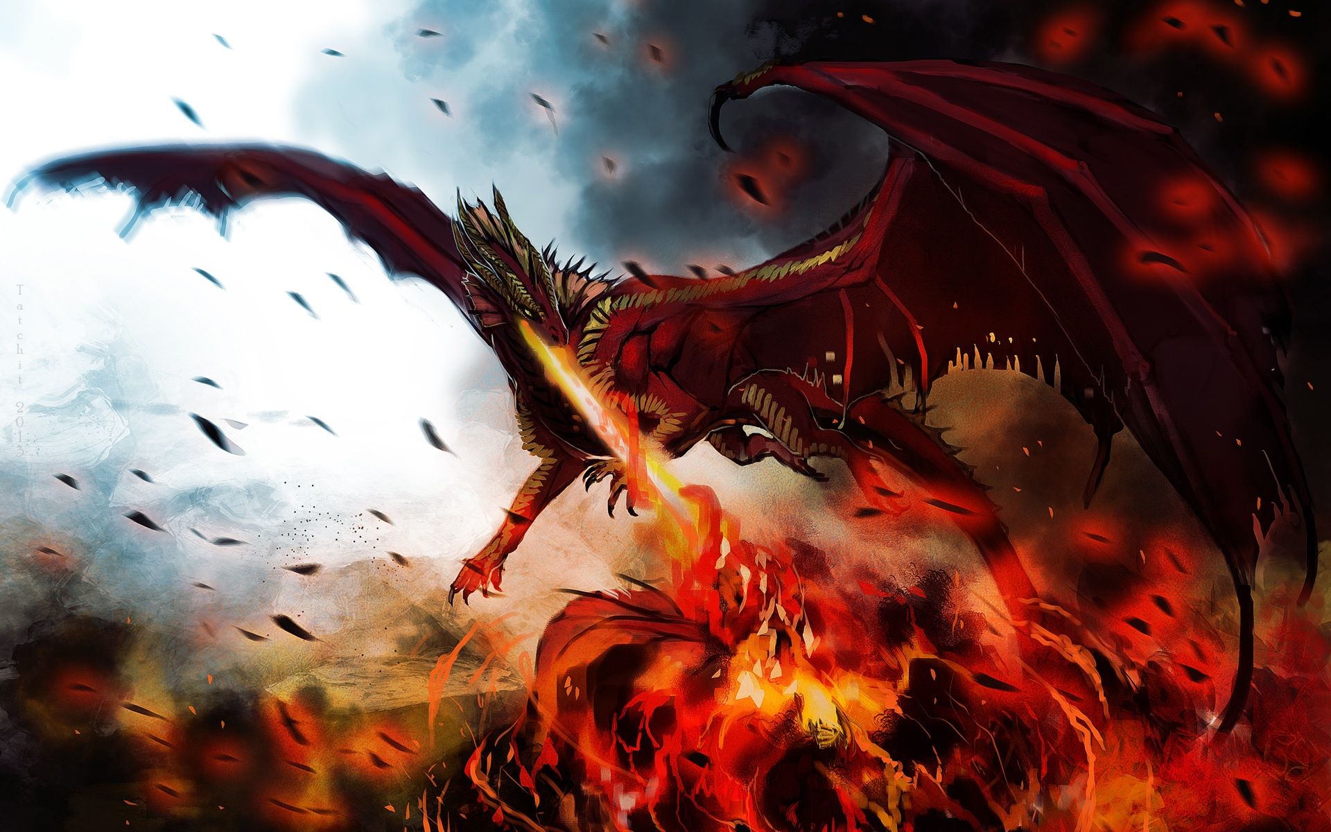 1920x1200 Wallpaper Art painting, dragon, monster, wings, fire 1920x1200 Picture, Image