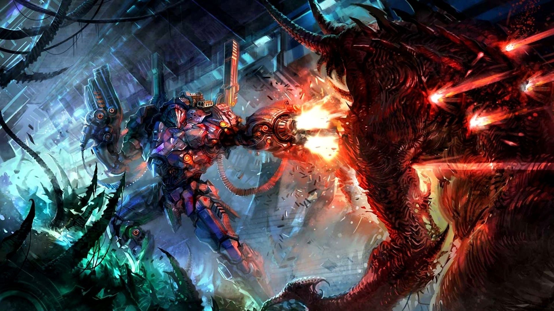 1920x1080 battles, Monsters, Robot, Firing, Fantasy, Warrior, Fire, Battle, Sci fi Wallpaper HD / Desktop and Mobile Background