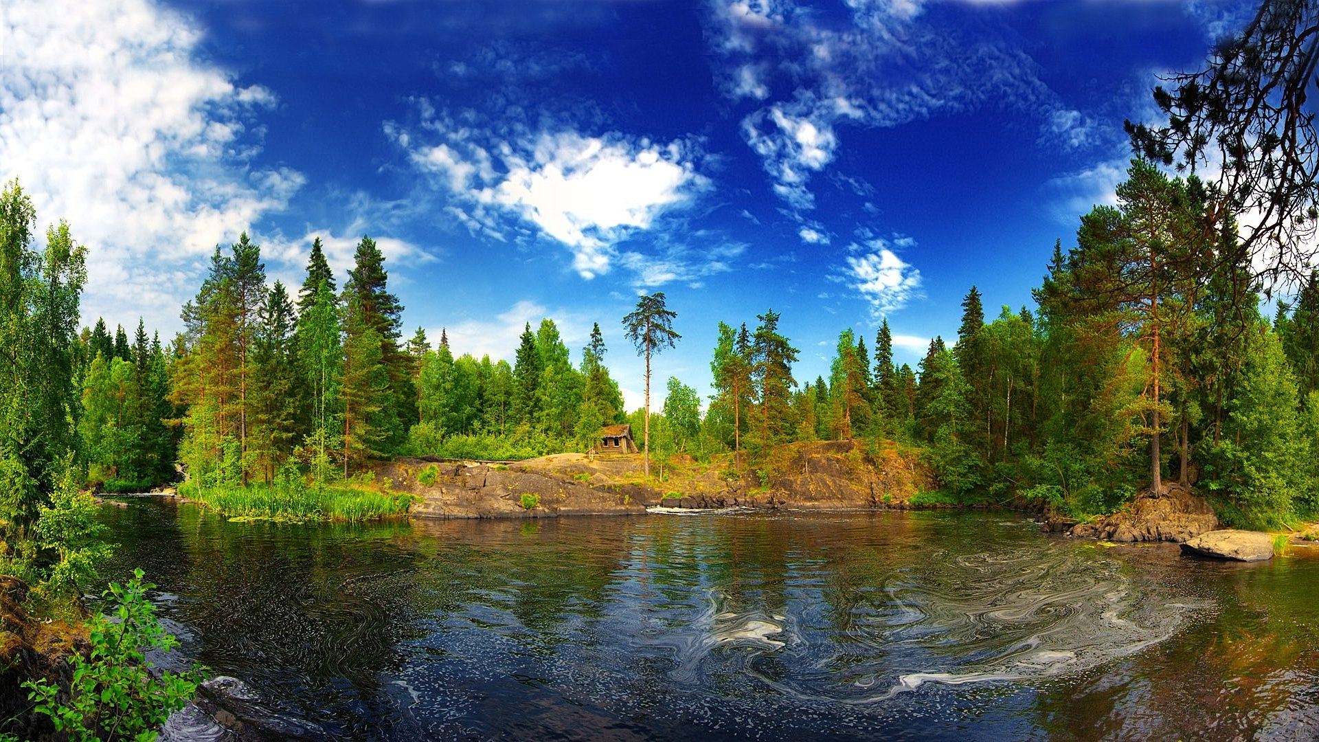 1920x1080 Wallpaper hut, river, taiga for mobile and desktop, section природа, resolution 1920x1080