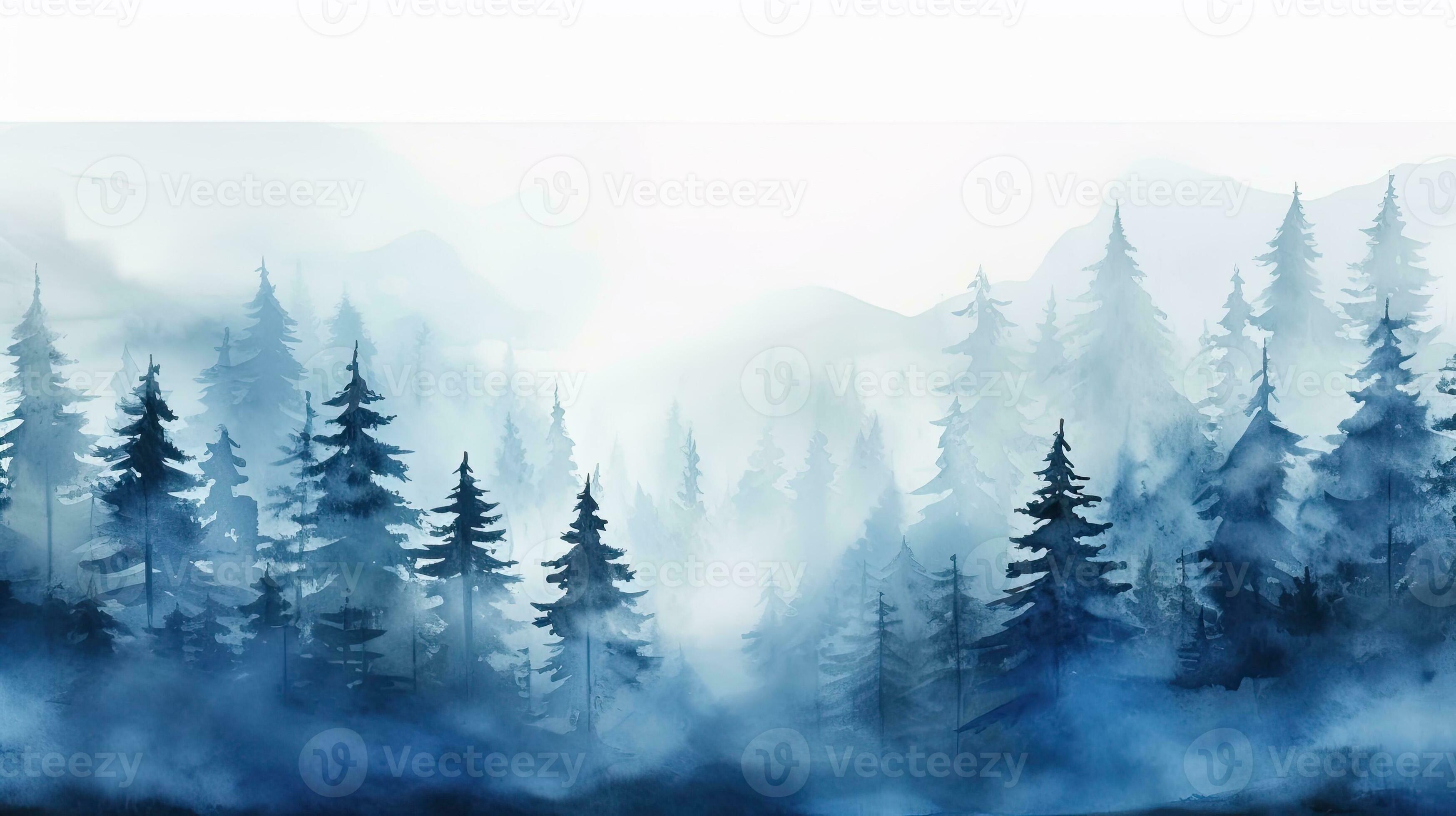 3497x1960 Watercolor misty forest hill with evergreen trees Frozen taiga Horizontal watercolor background