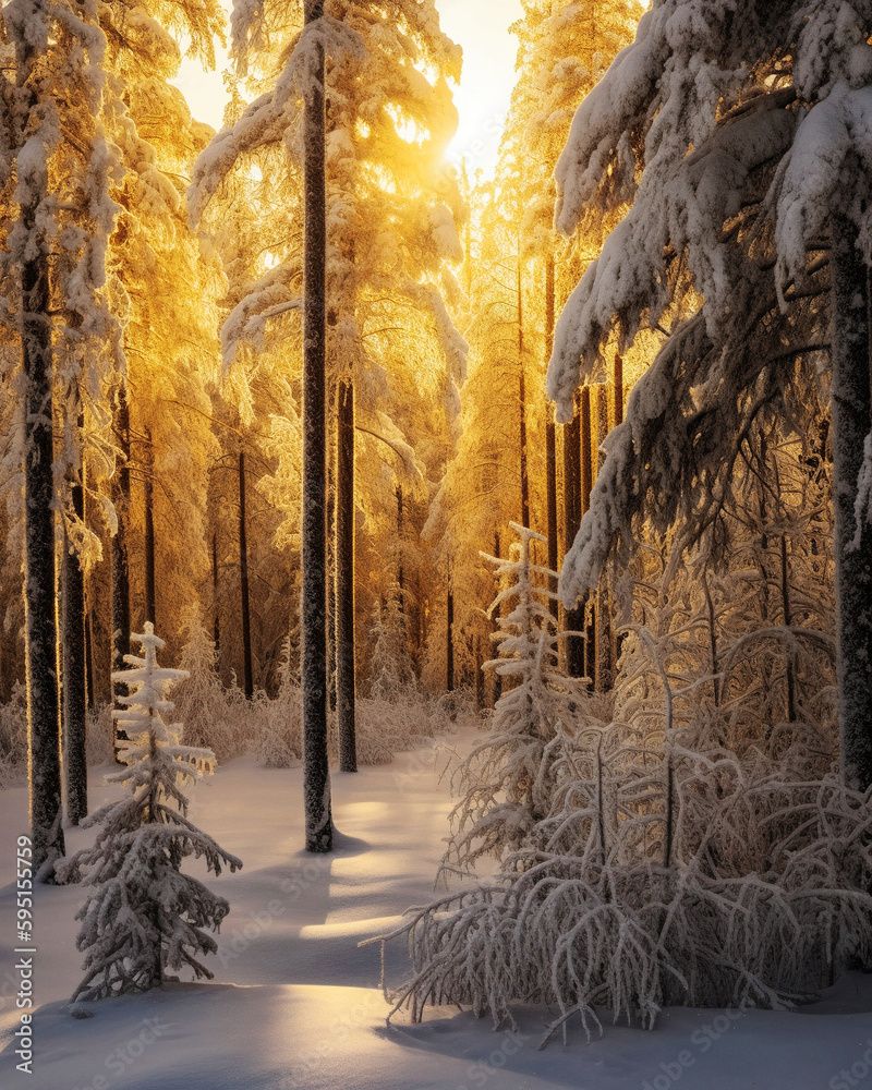 800x1000 Siberian taiga forest in winter AI Stock Illustration
