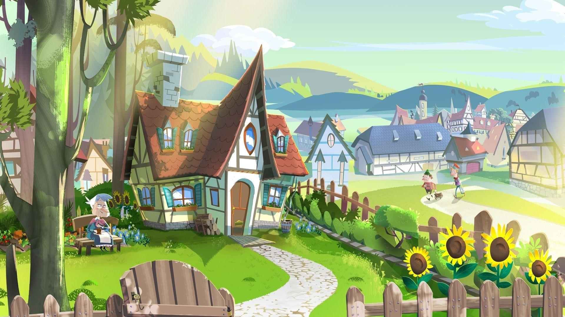 1920x1080 digital Art, Drawing, Illustration, Fairy Tale, House, Village