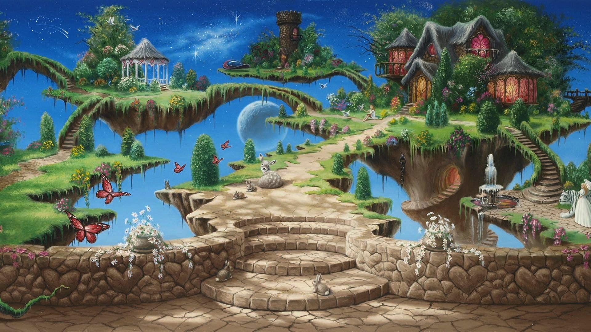 1920x1080 fairy tale, Butterfly, Rabbits, Fawns, Flowers, House, Digital art