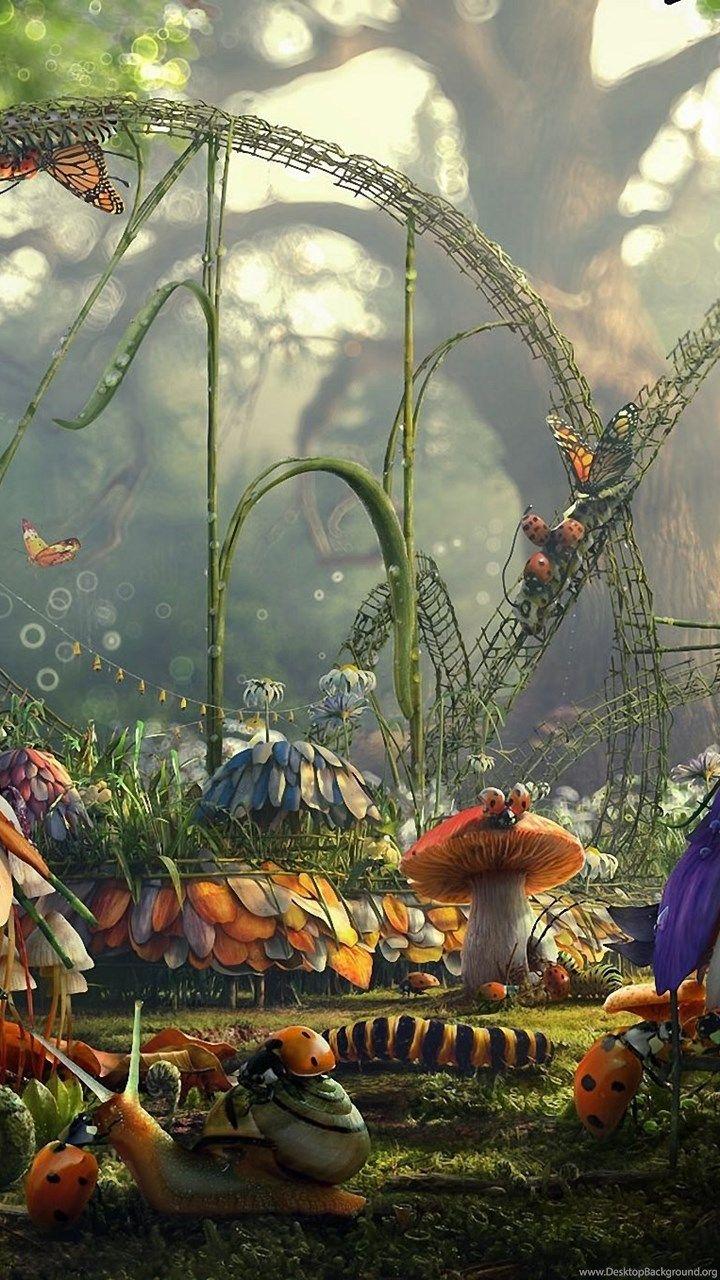 720x1280 Wallpaper Fairytale Forest Picture Insects City Flowers Dew